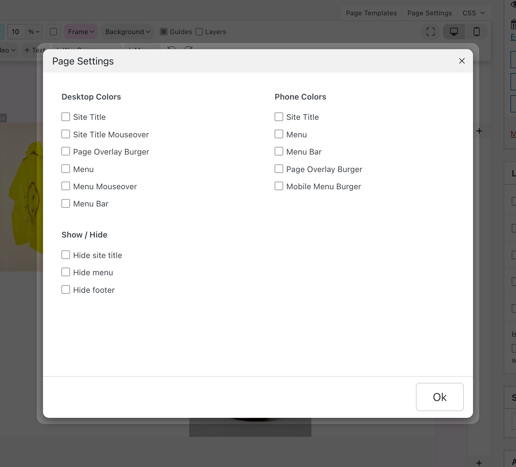 Page Settings modal