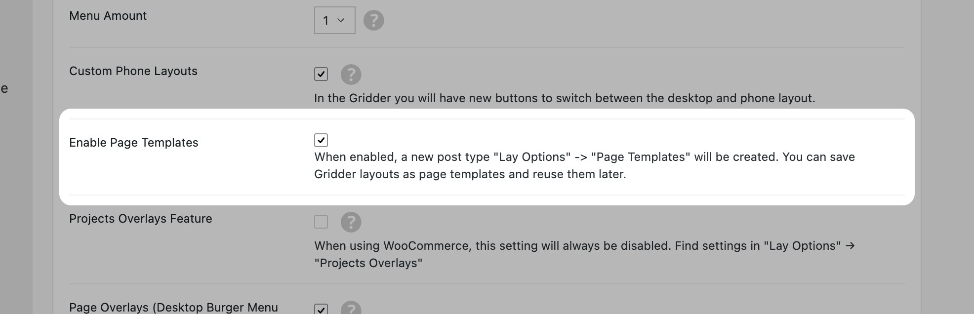 Enable Page Templates in Lay Options