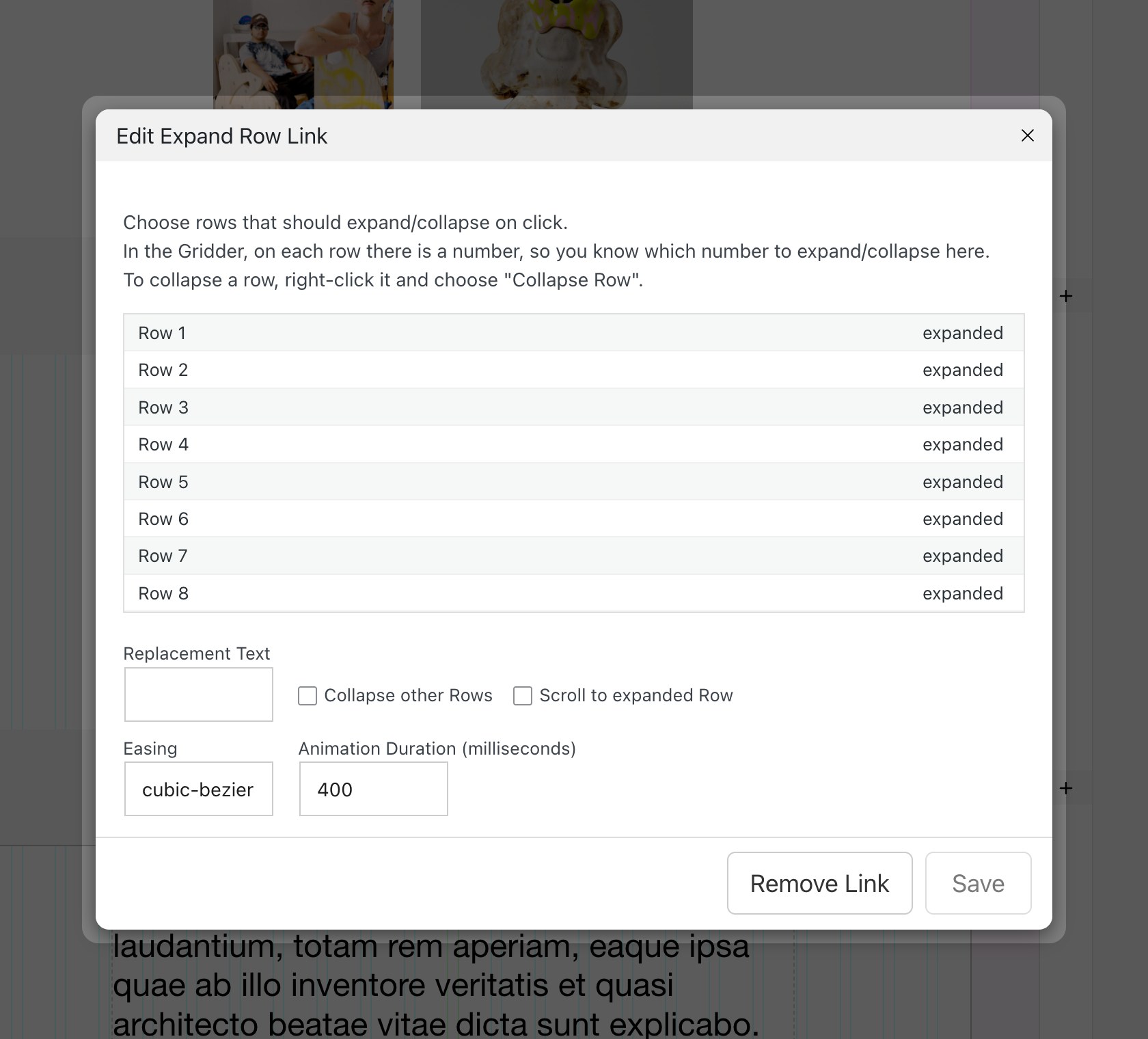 Edit Expand Row Link modal