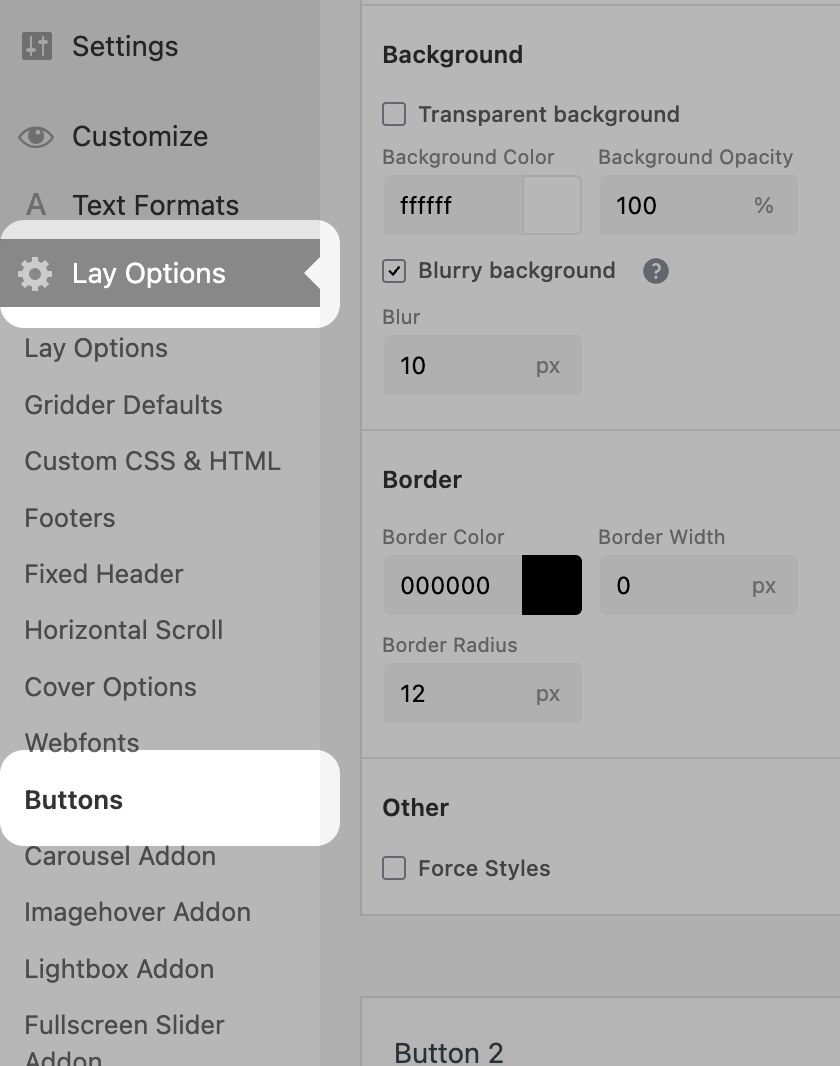 WP admin sidebar — Lay Options → Buttons