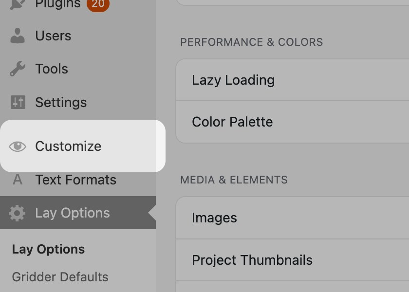 The Customize button in the WordPress admin menu