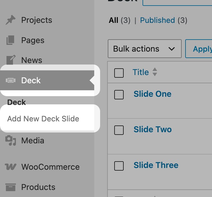 Deck menu in the WordPress admin sidebar