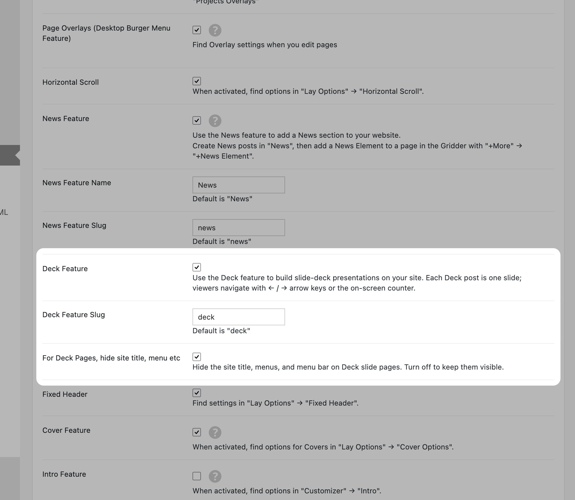 Deck Feature settings in Lay Options