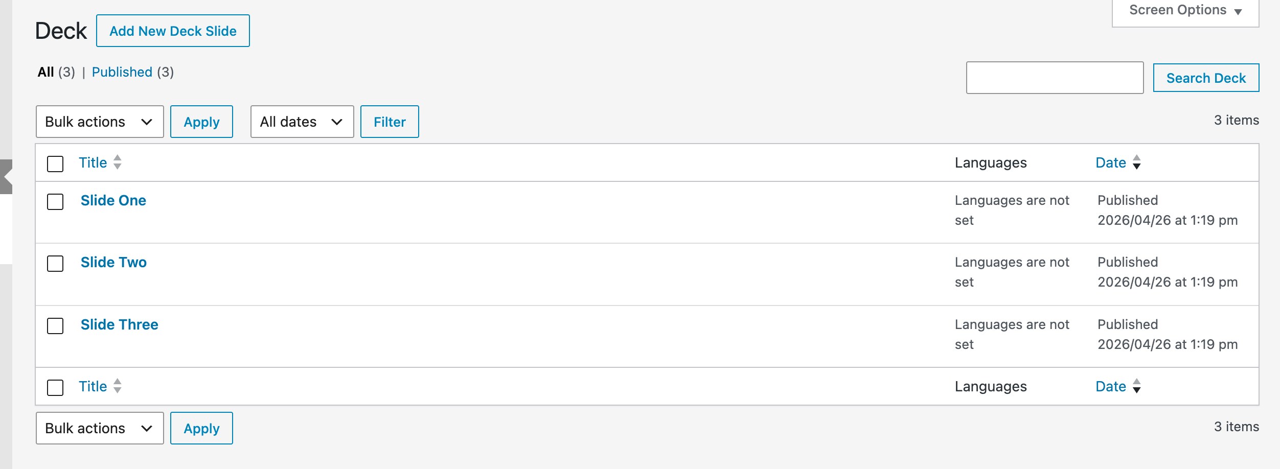 Deck slide list in WordPress