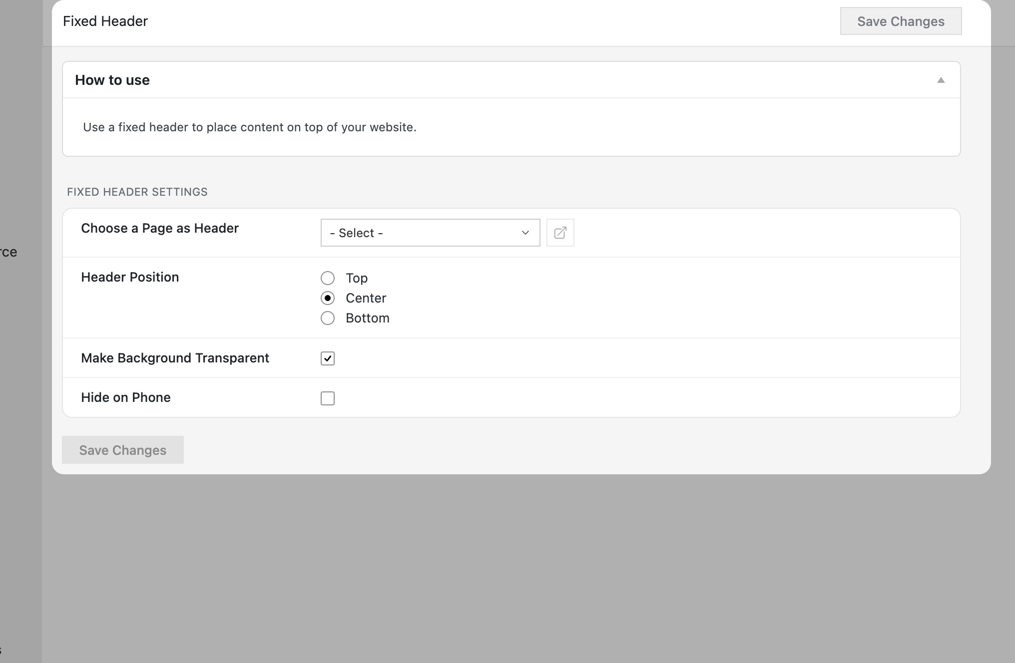 Fixed Header settings in Lay Options