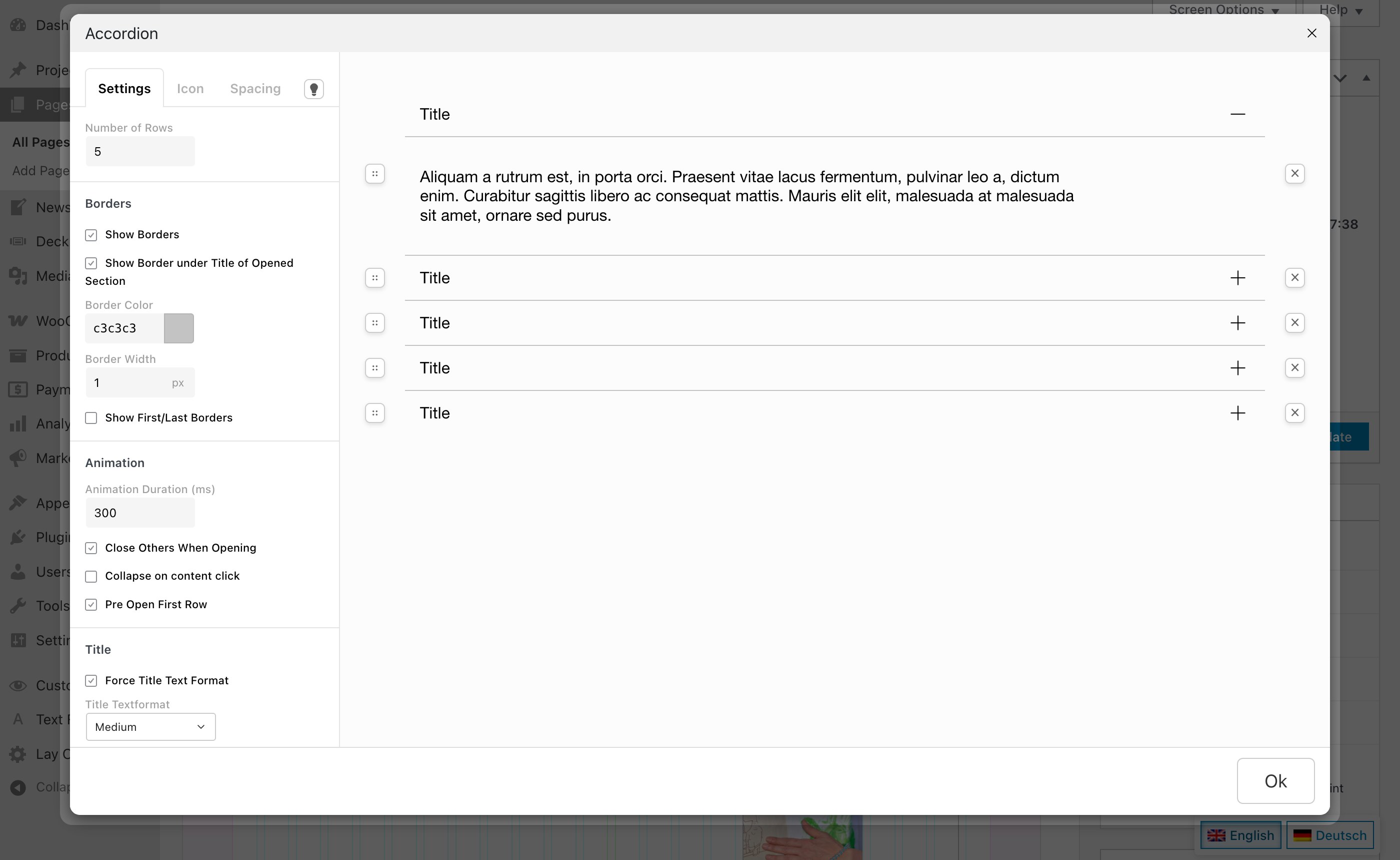 The Settings tab in the Accordion window