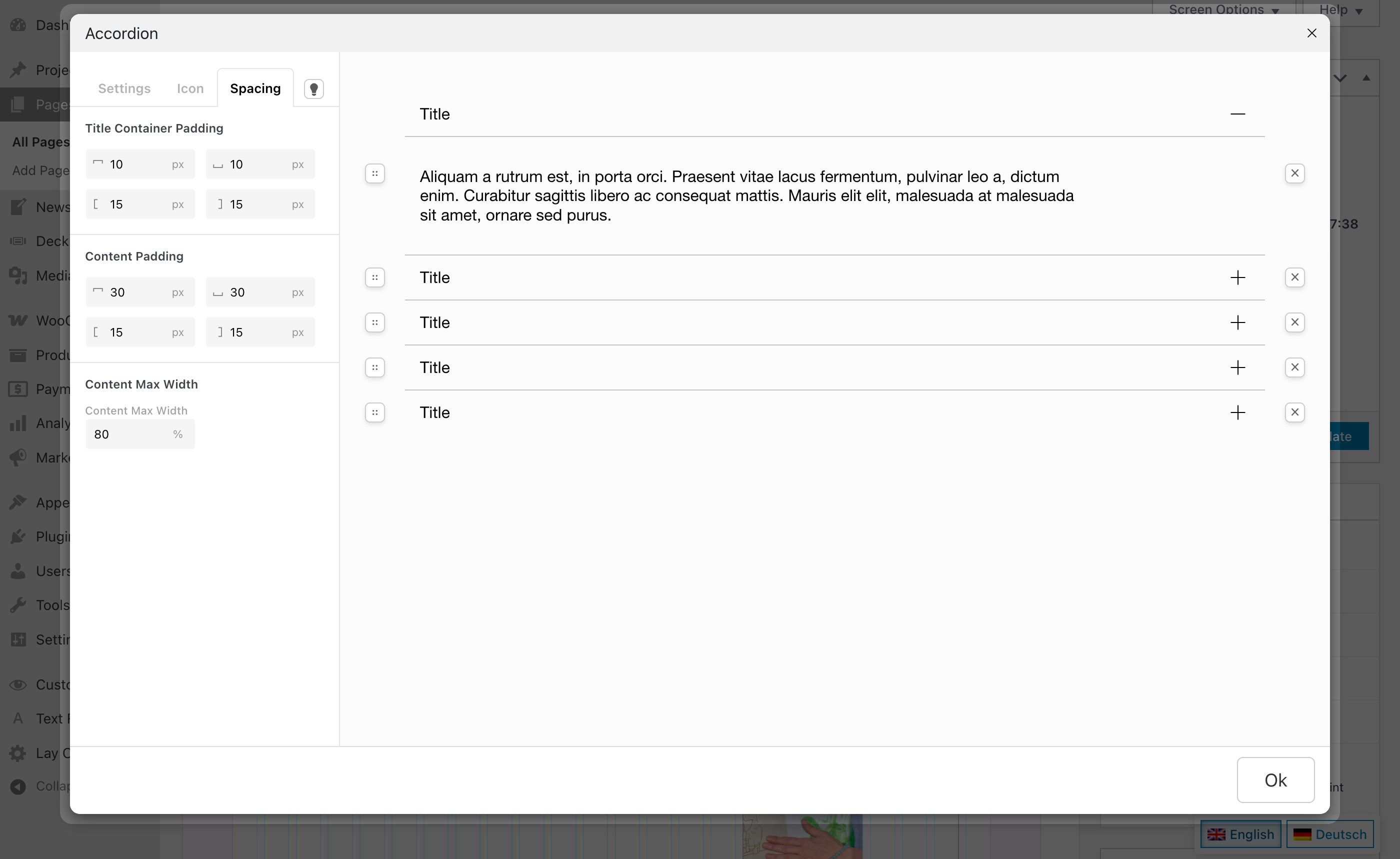 The Spacing tab in the Accordion window