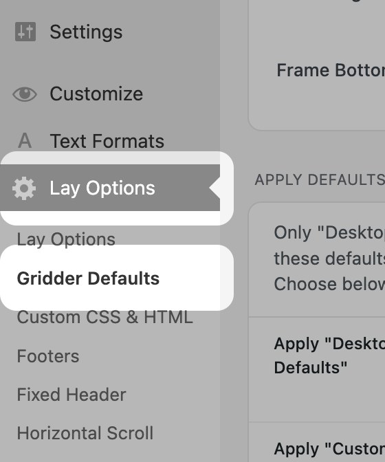 WP admin sidebar — Lay Options → Gridder Defaults