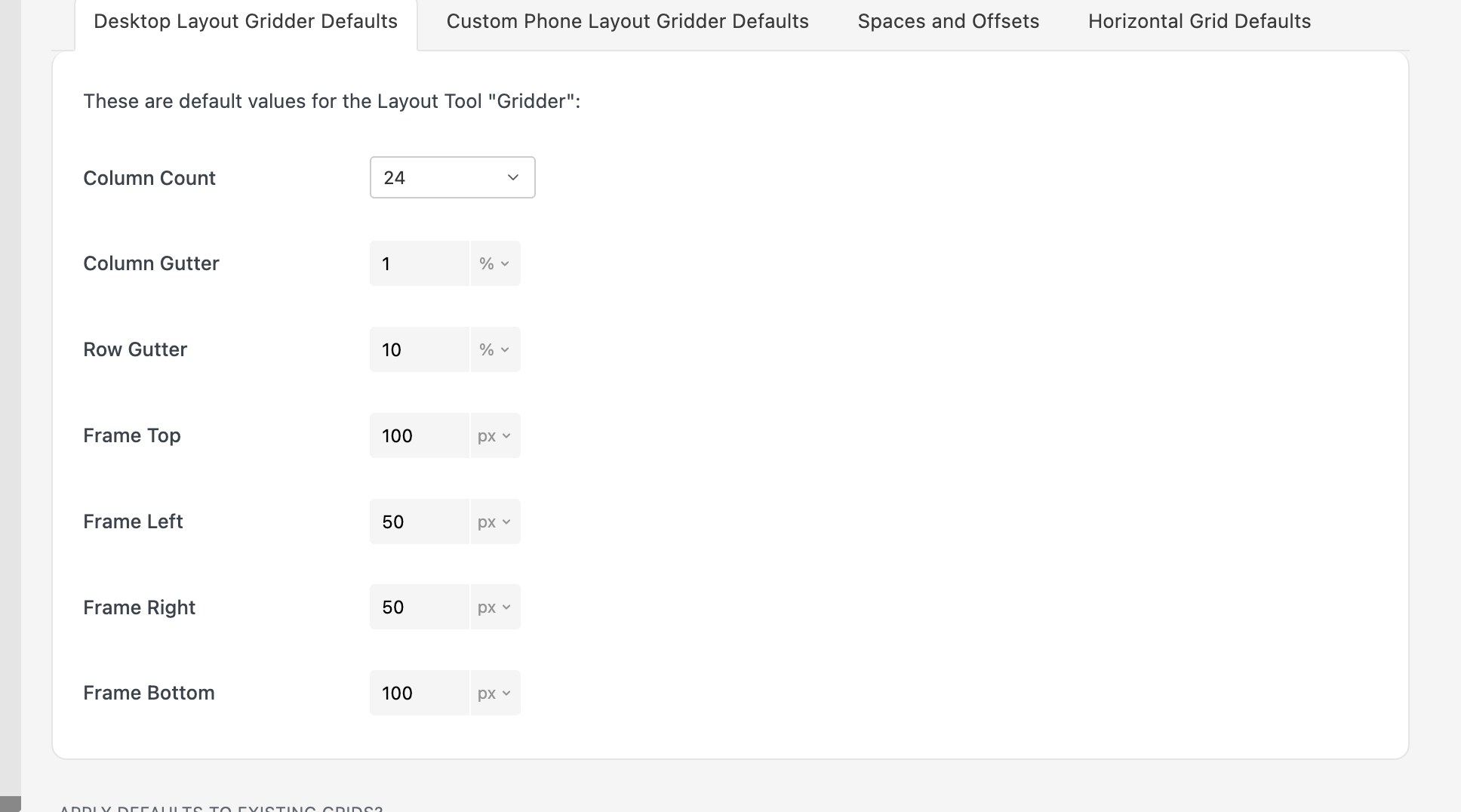Desktop Layout Gridder Defaults tab