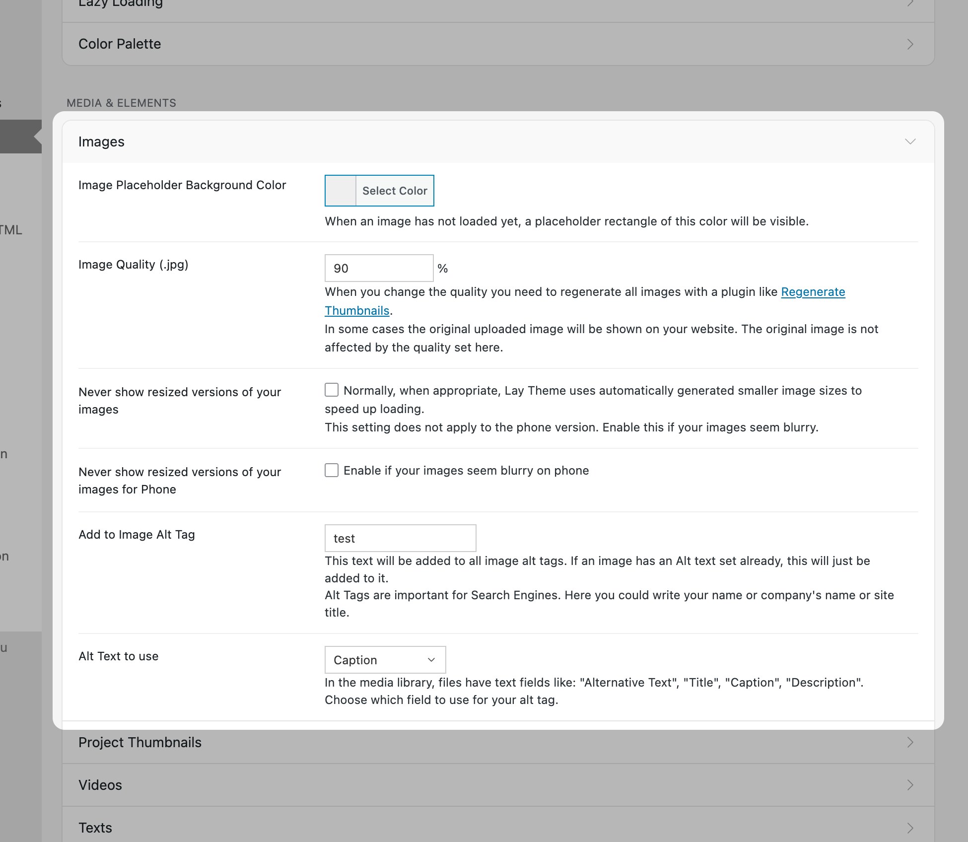 Lay Options Images settings