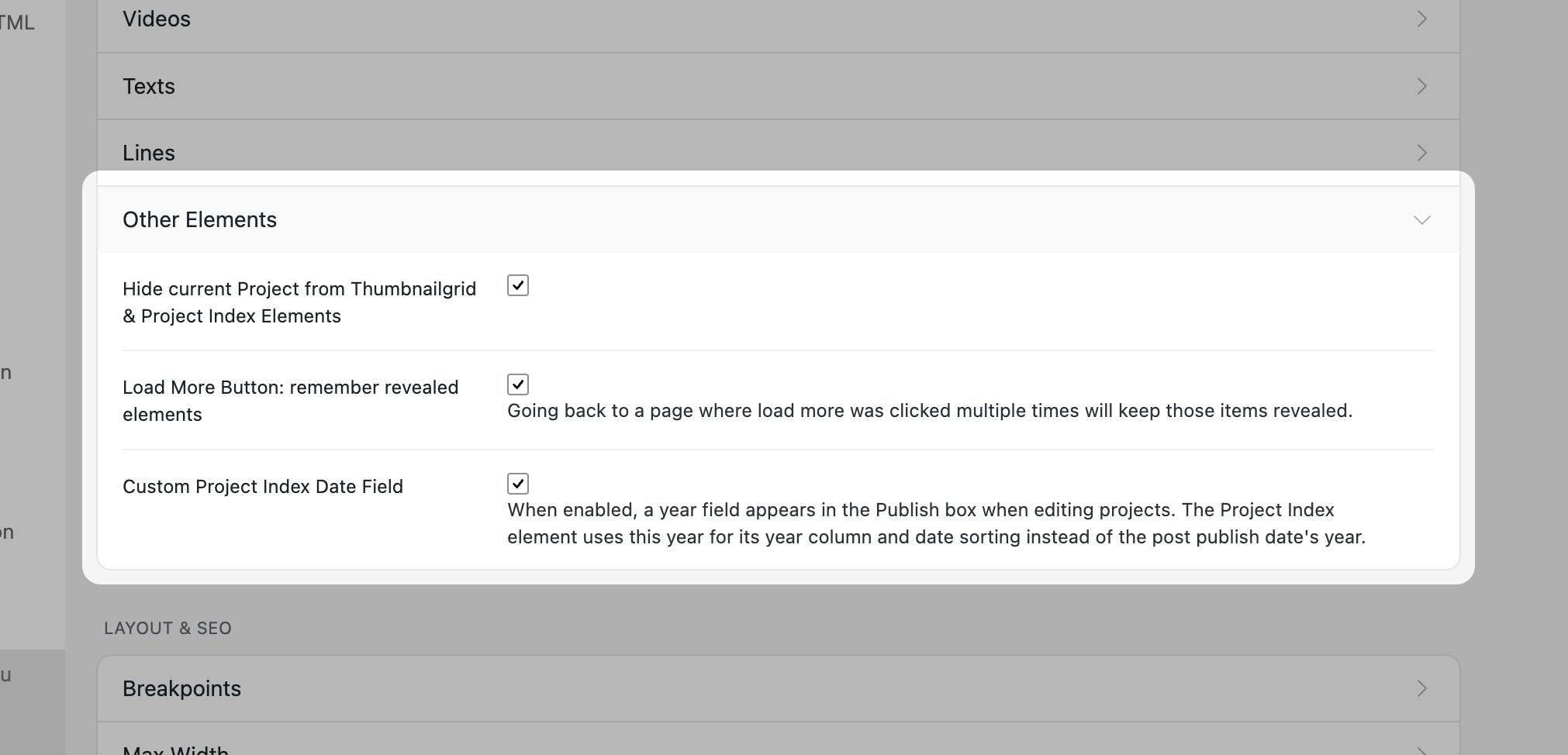 Lay Options Other Elements settings