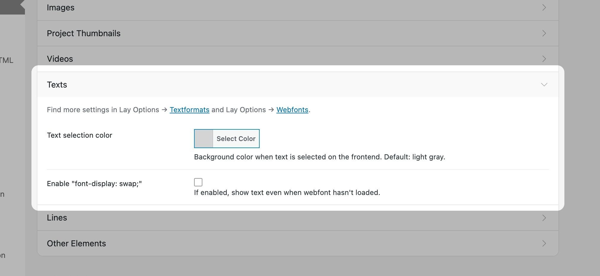 Lay Options Texts settings