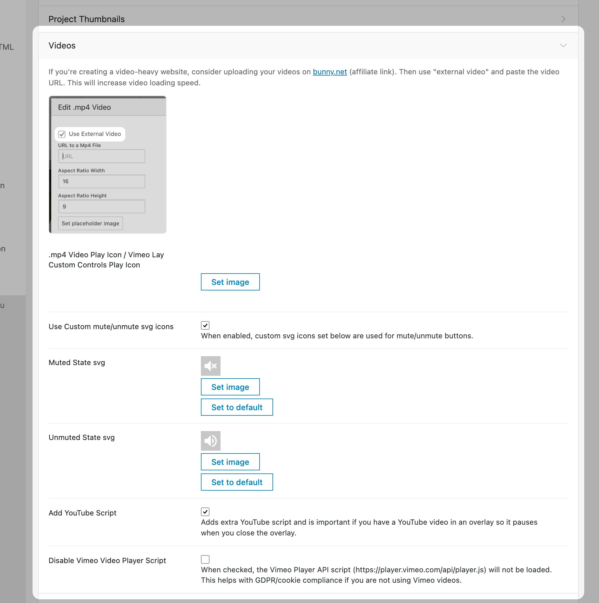 Lay Options Videos settings