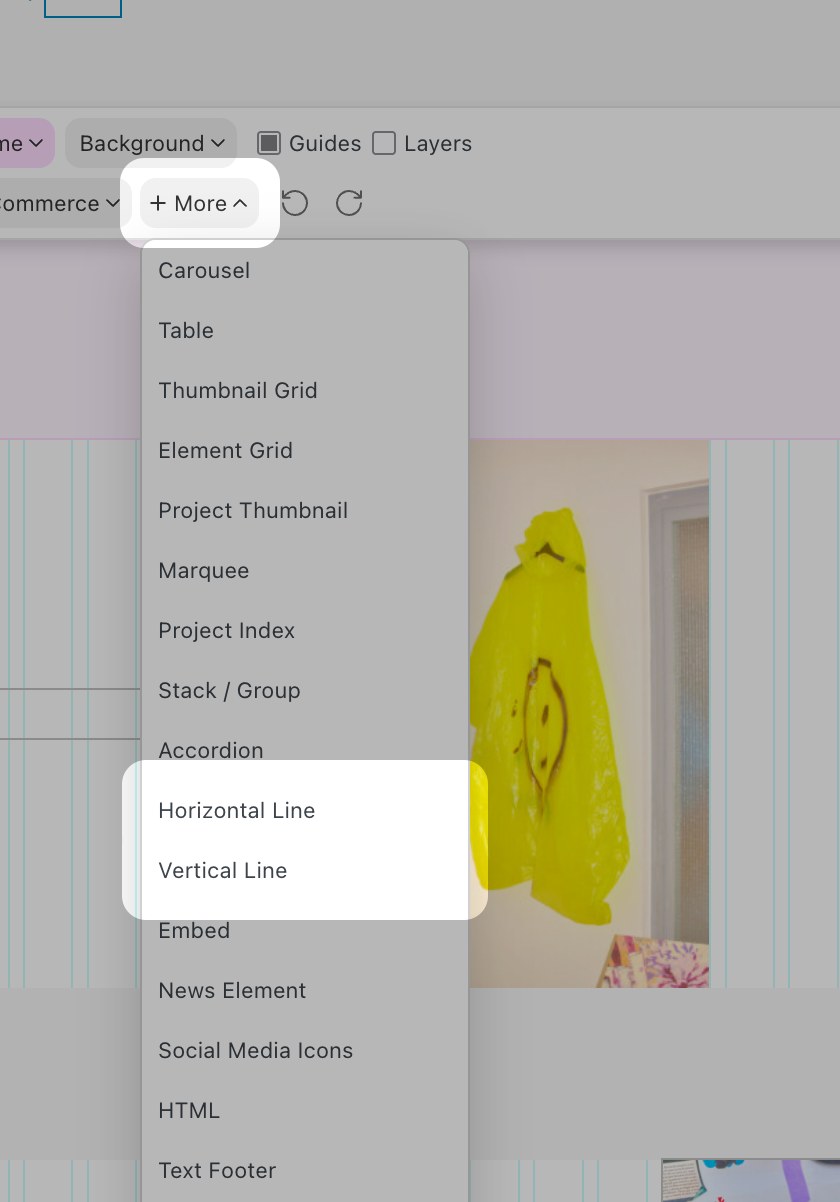 The +More menu with Horizontal Line and Vertical Line selected