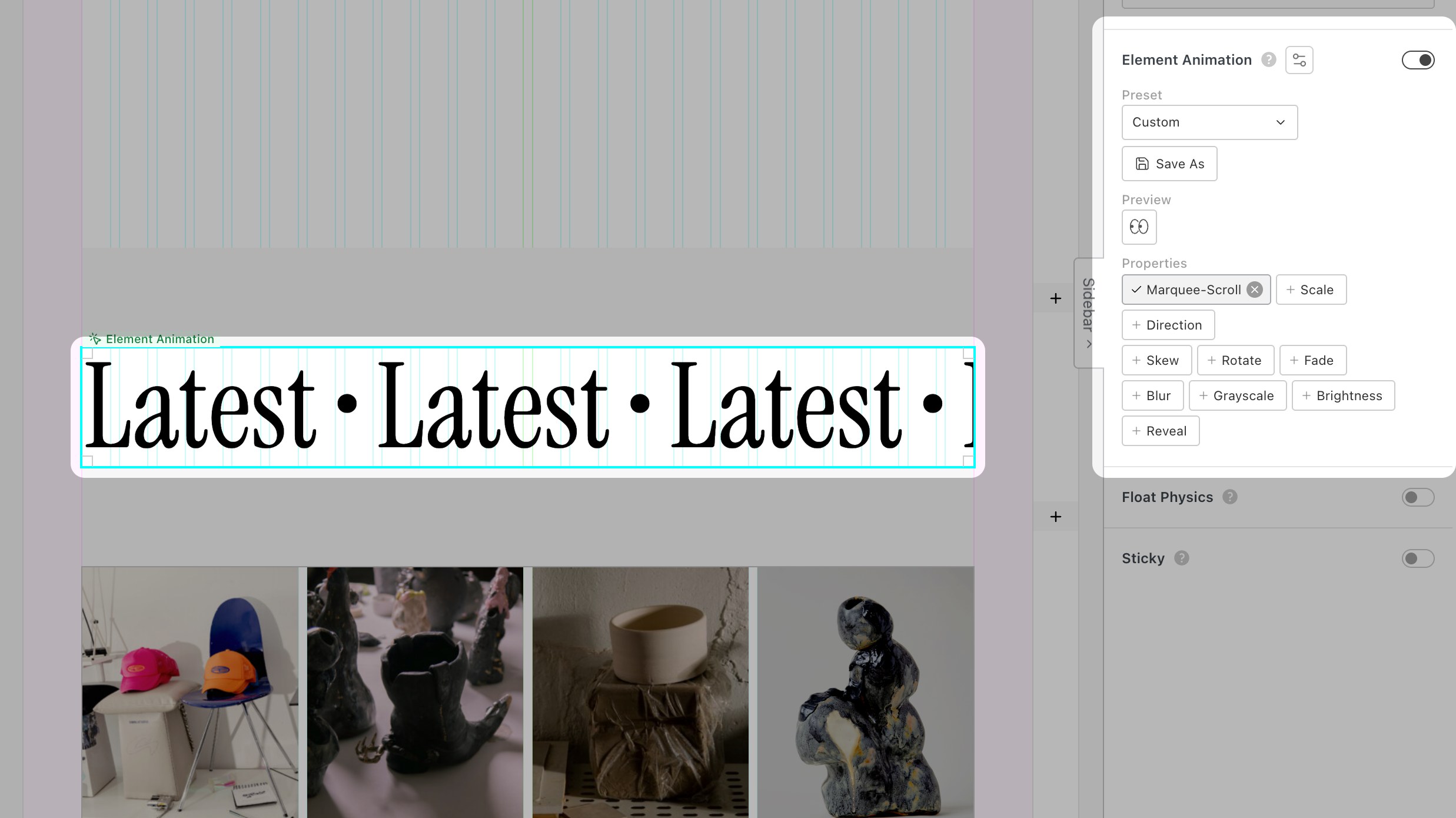 Marquee-Scroll in the Element Animation sidebar