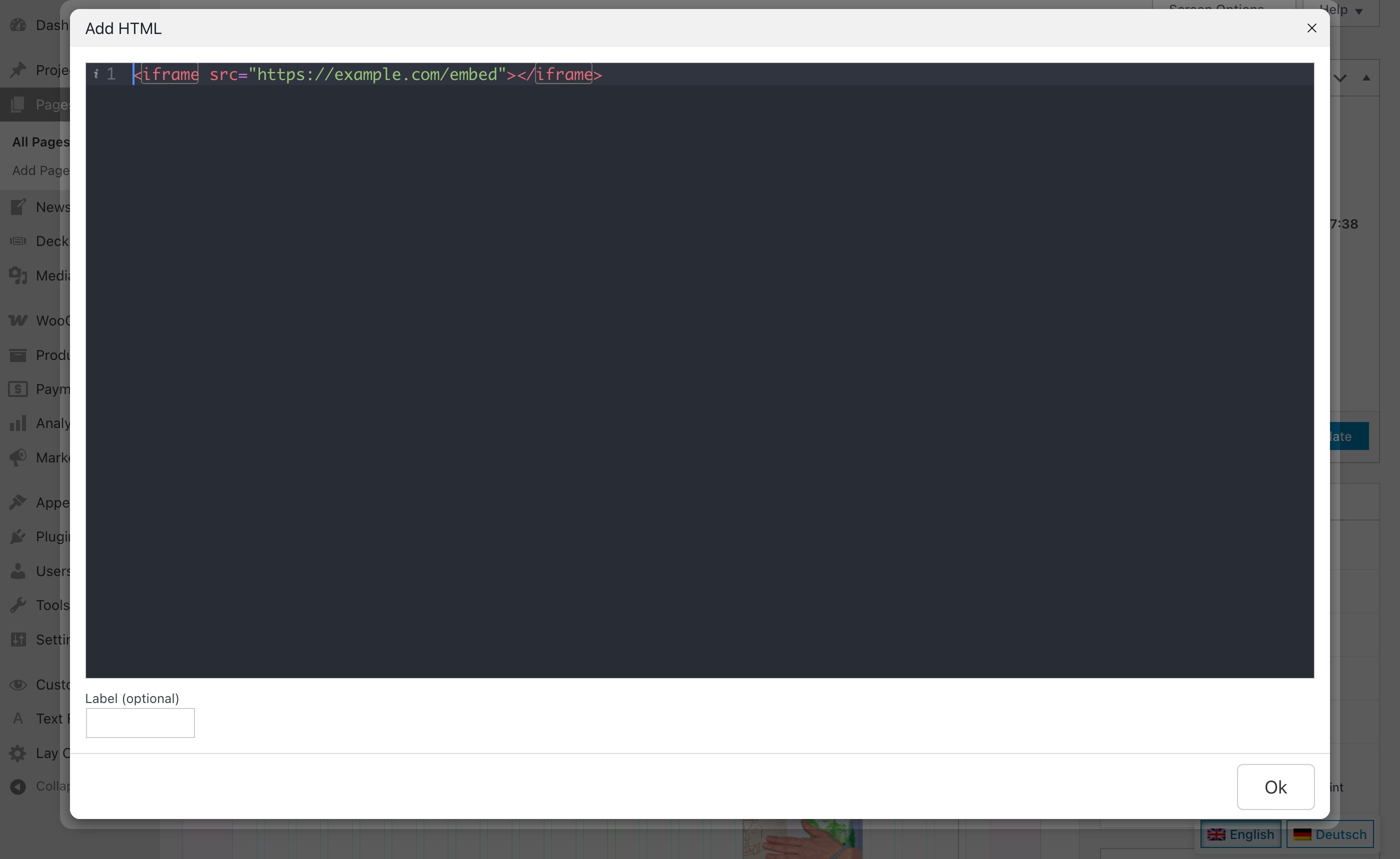 The Add HTML window