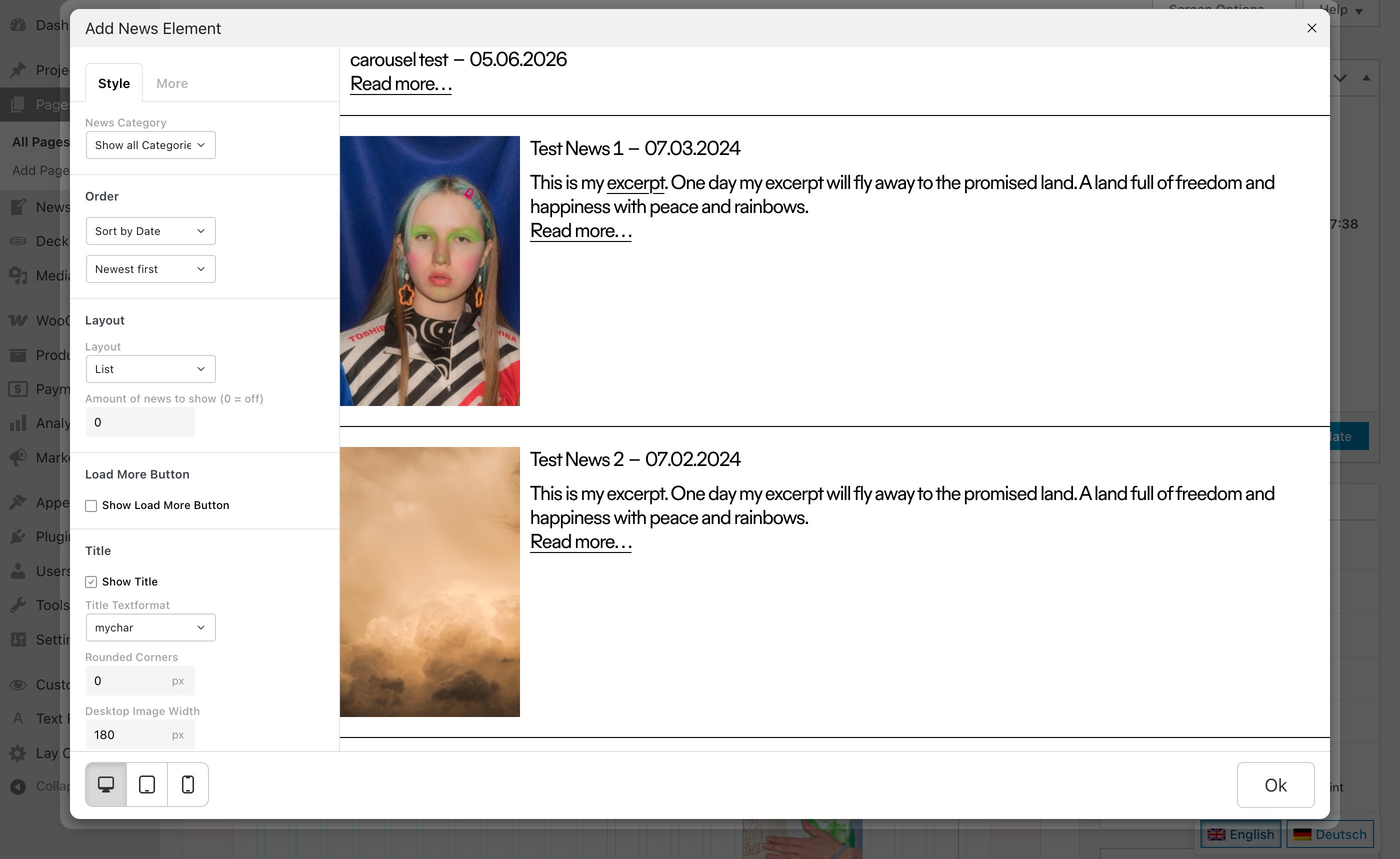 The Add News Element window