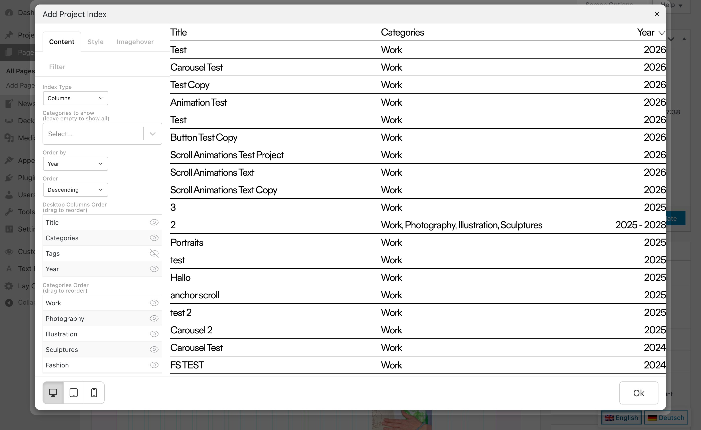 The Add Project Index window