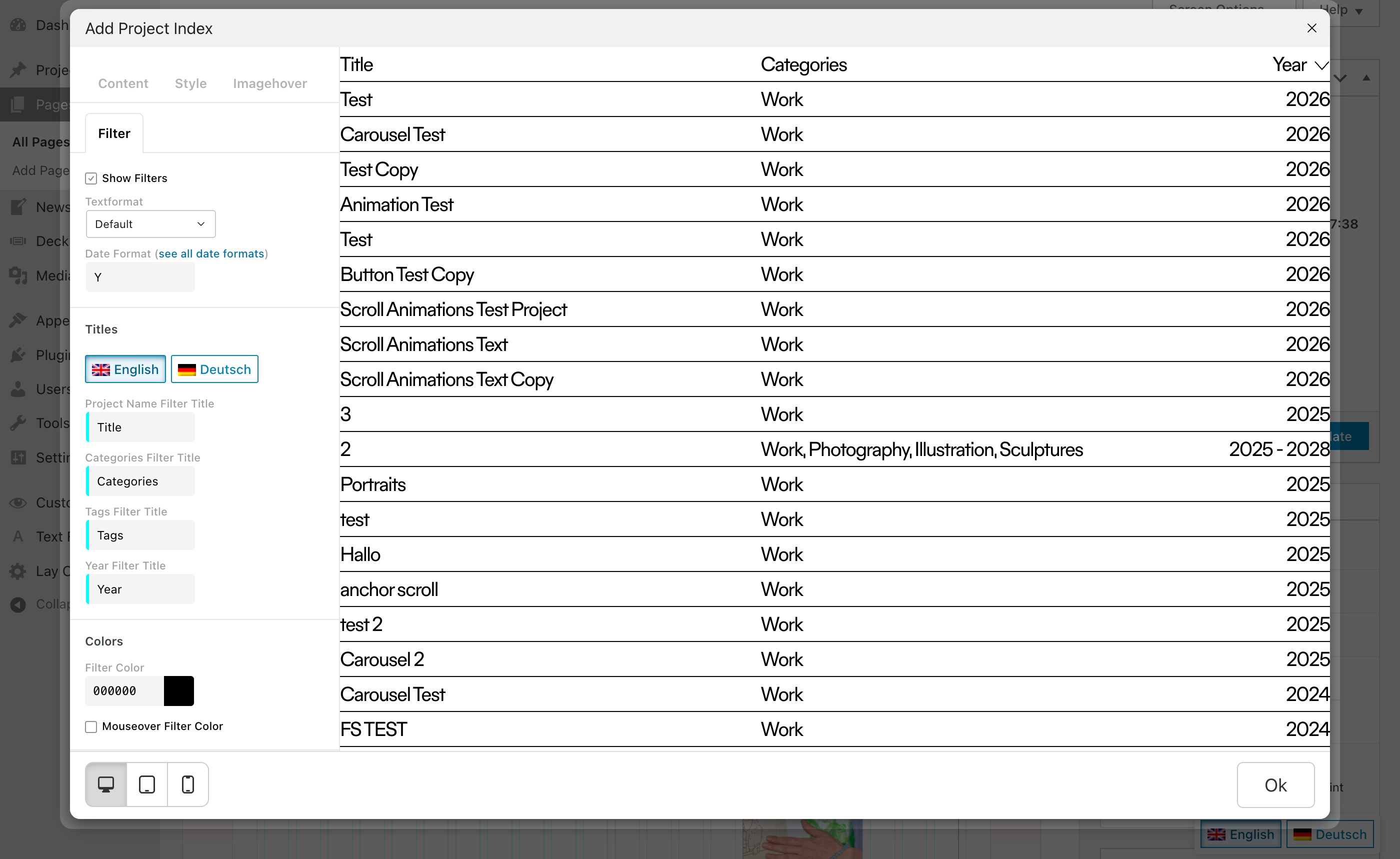 The Filter tab in the Add Project Index window
