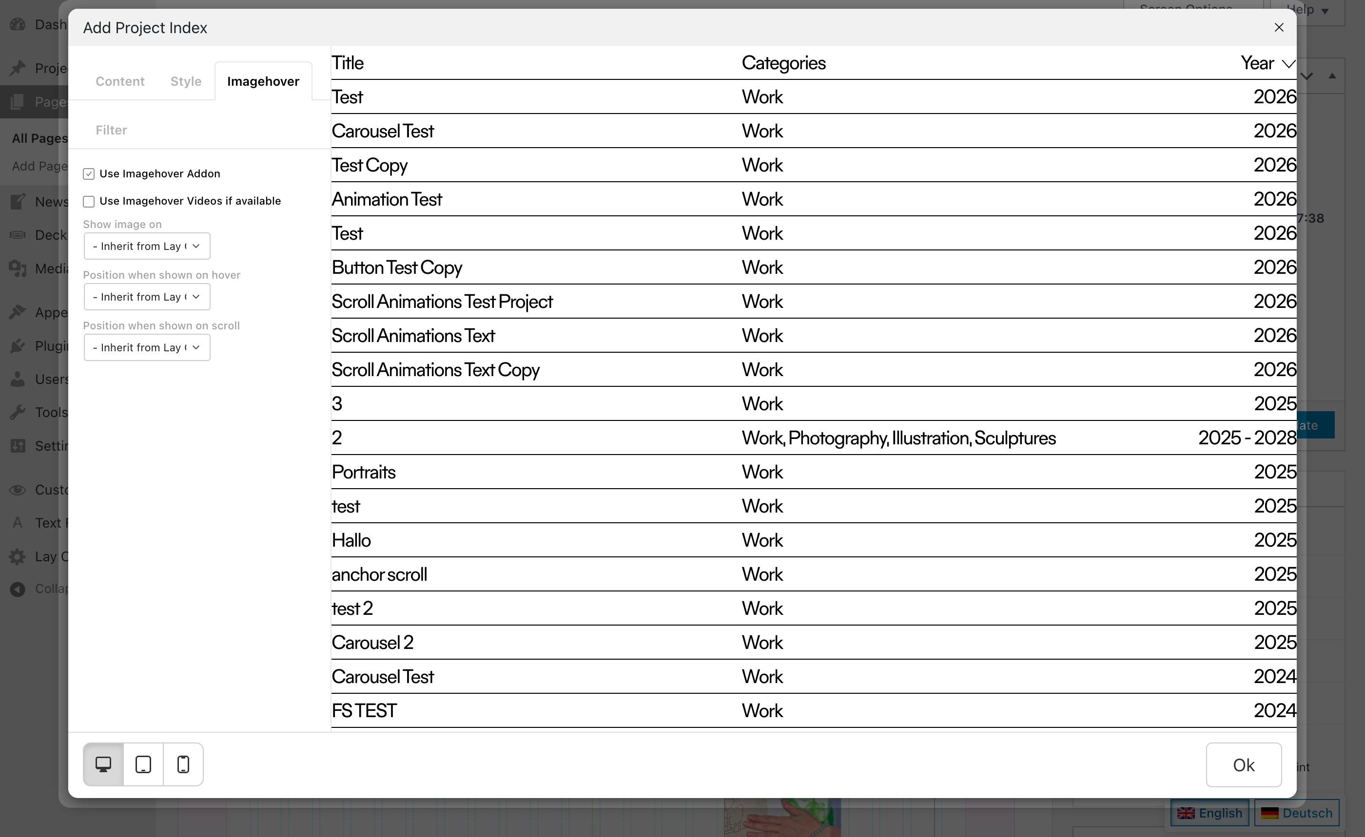 The Imagehover tab in the Add Project Index window