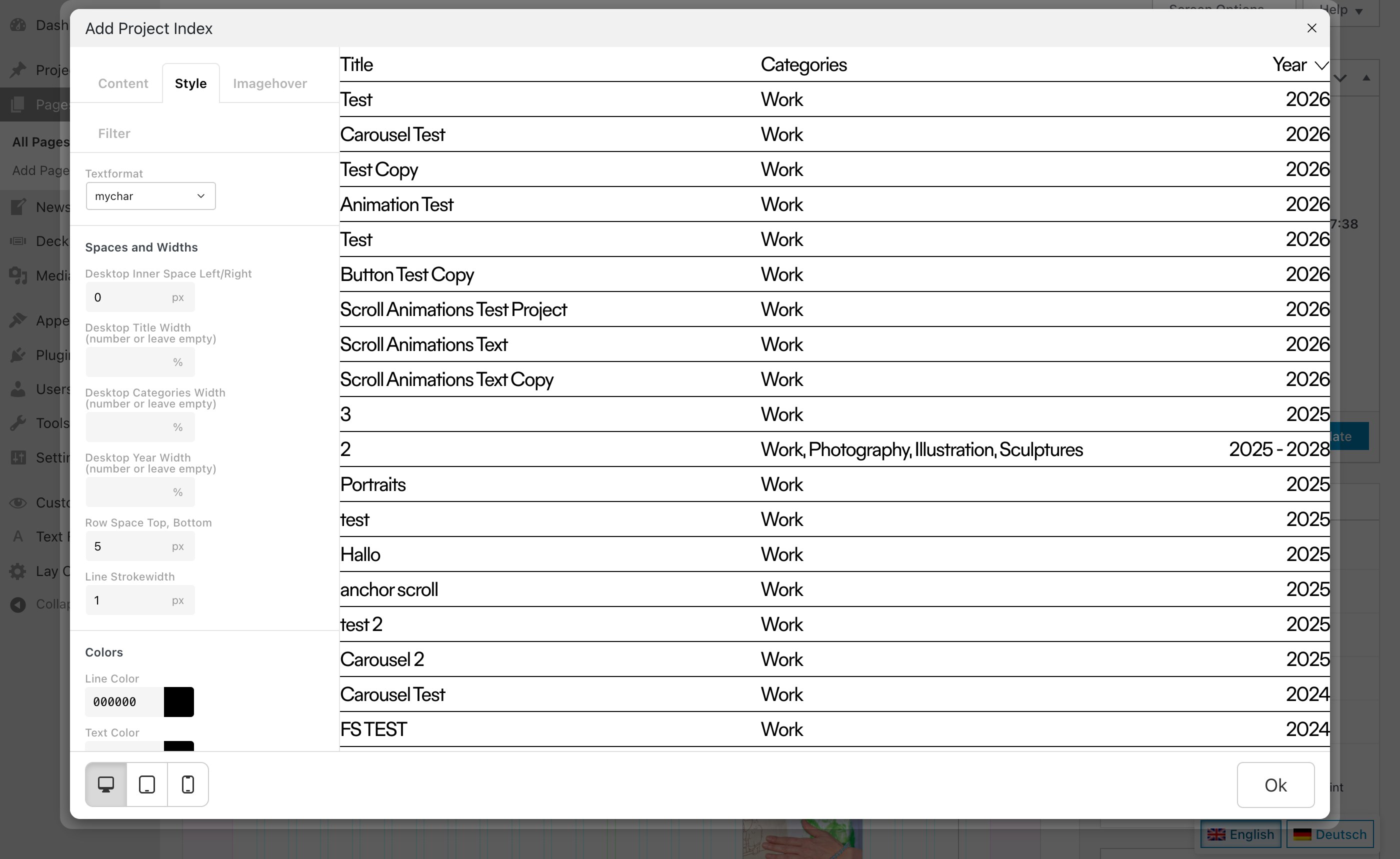 The Style tab in the Add Project Index window