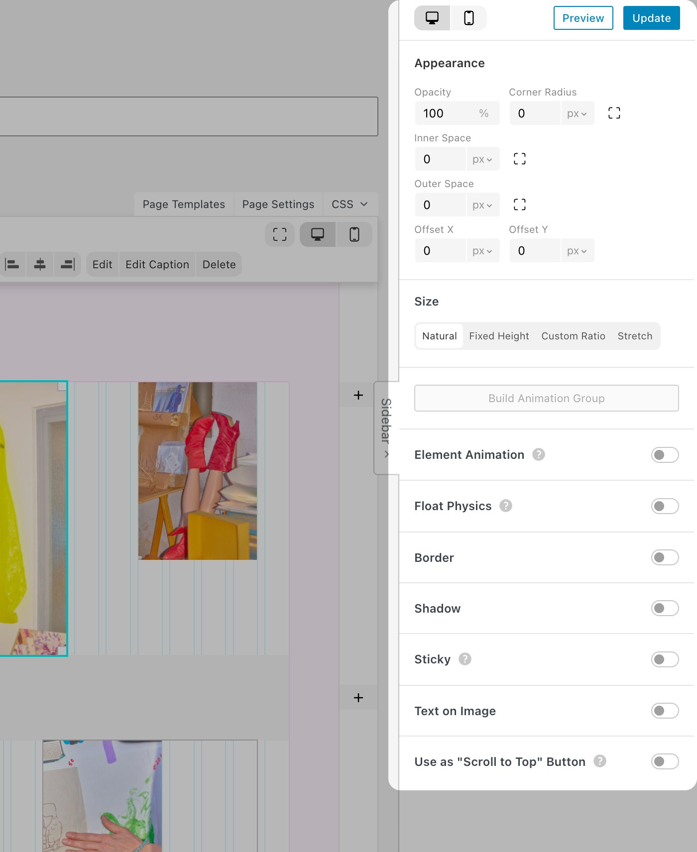 The Gridder sidebar after selecting an image element