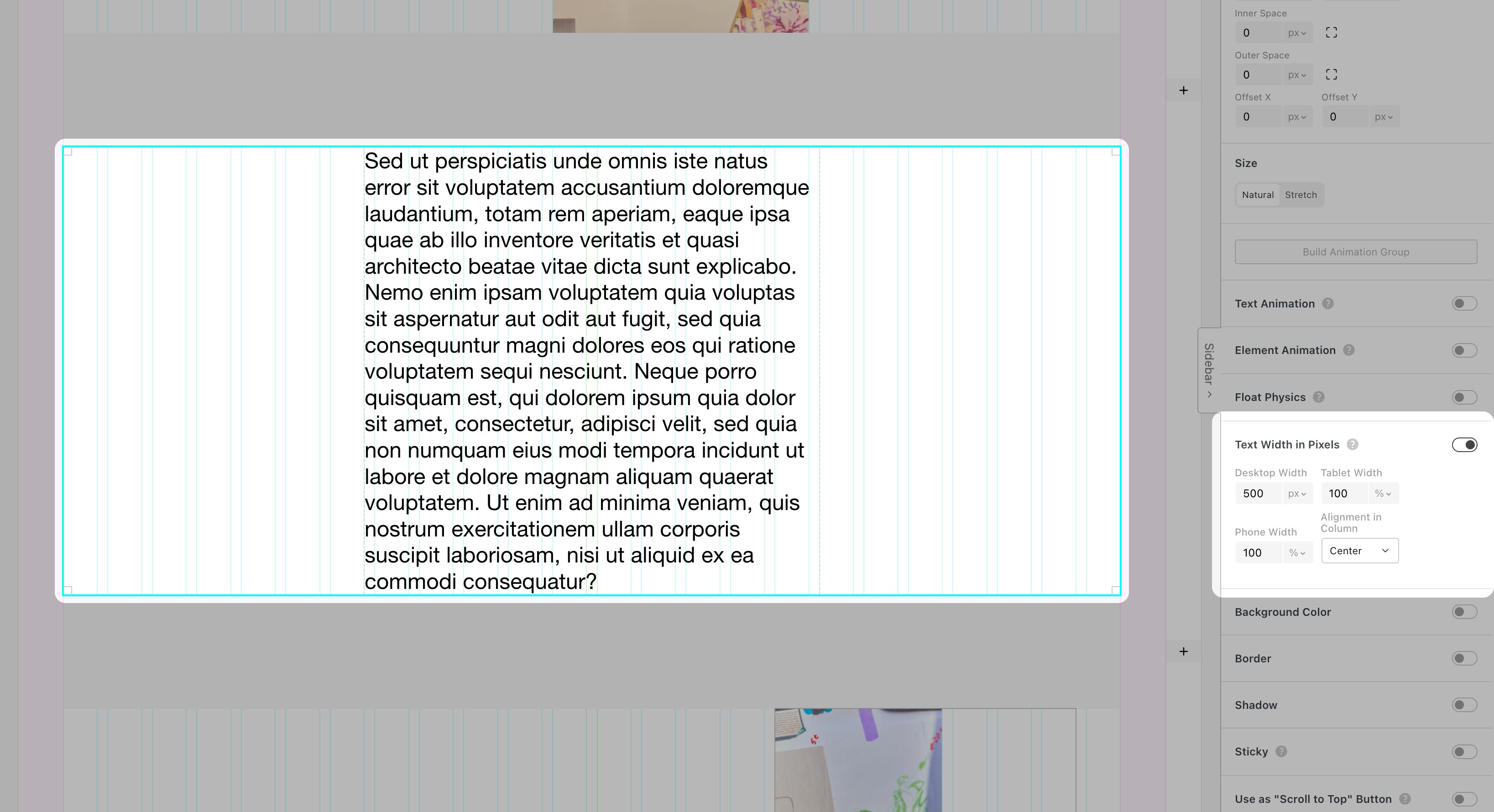 Text Width in Pixels setting in the text element sidebar