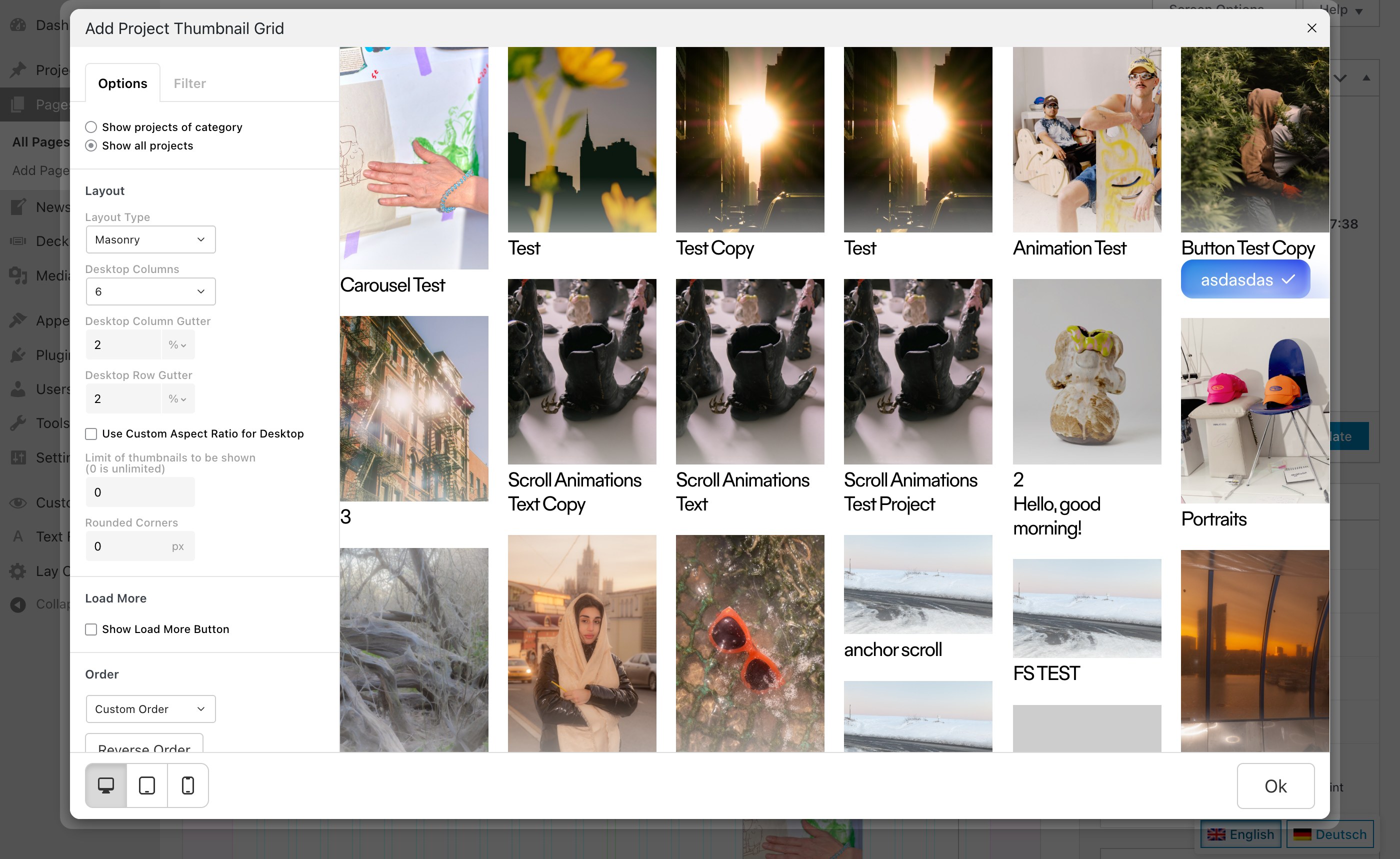 The Add Project Thumbnail Grid window with Show all projects selected