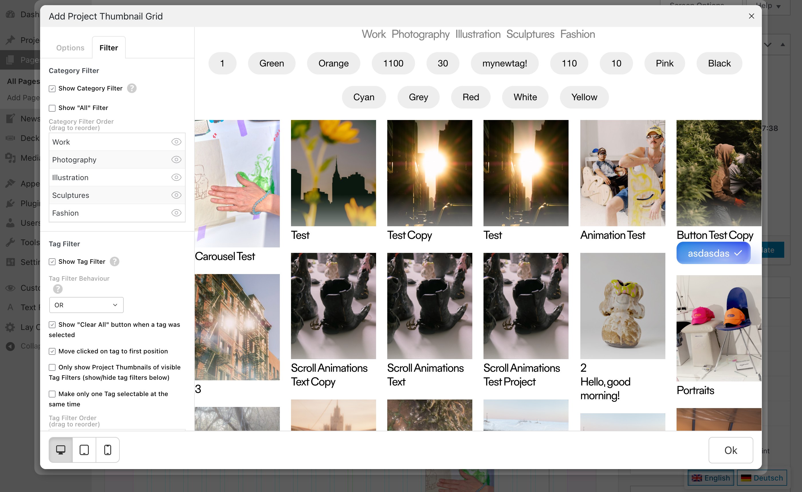 The Filter tab in the Add Project Thumbnail Grid window