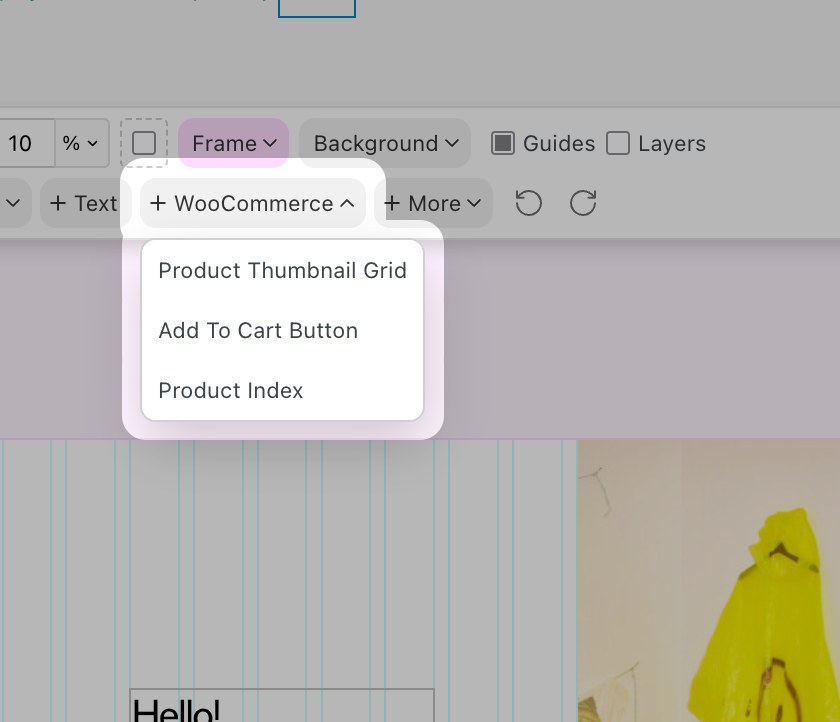 The +WooCommerce dropdown in the Gridder toolbar