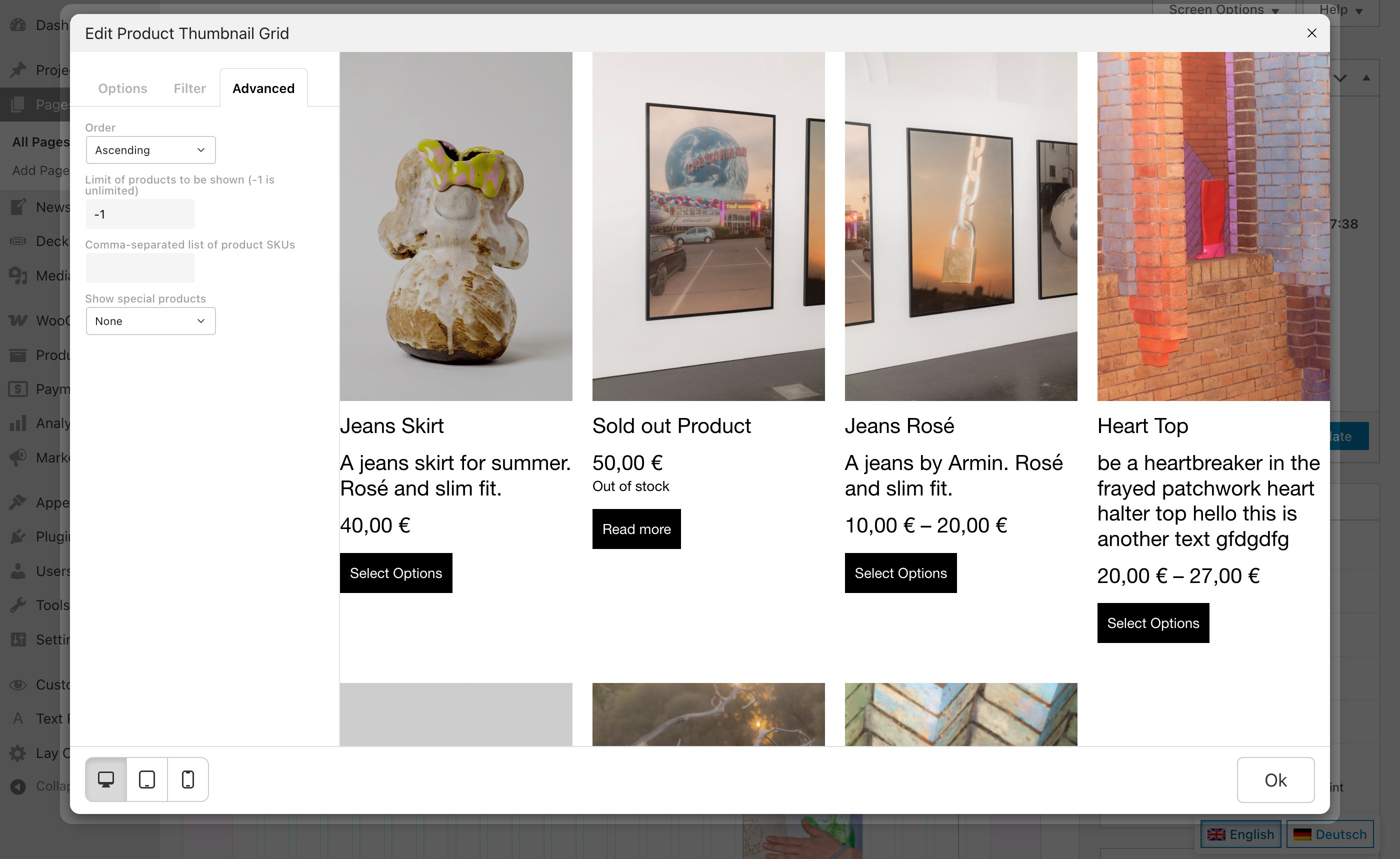 The Advanced tab in the Product Thumbnail Grid modal