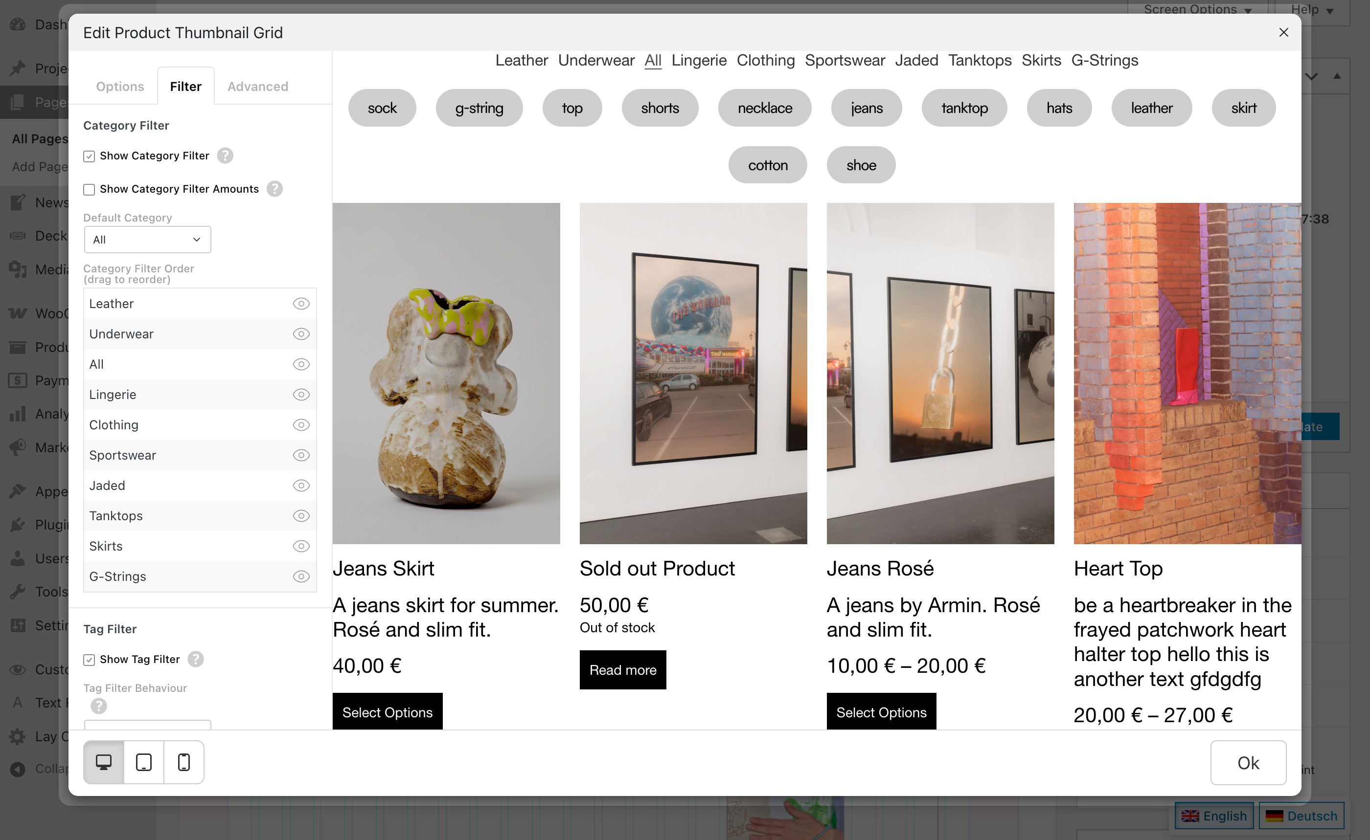 The Filter tab in the Product Thumbnail Grid modal