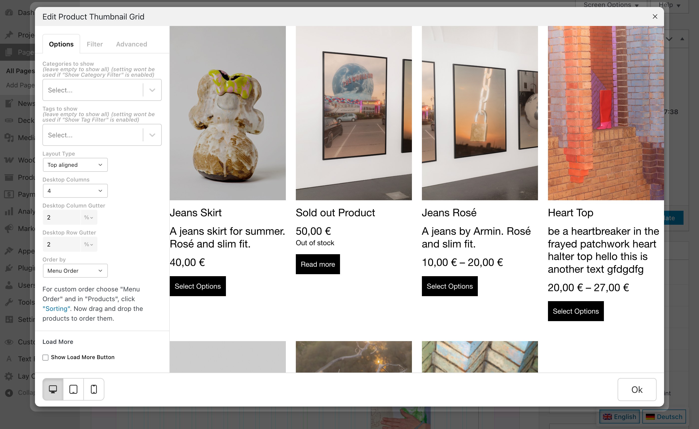 The Options tab in the Product Thumbnail Grid modal