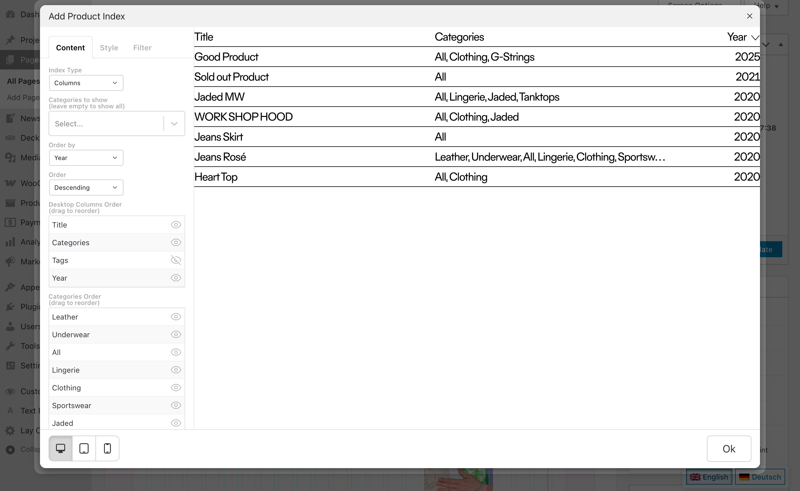 The Content tab in the Product Index modal