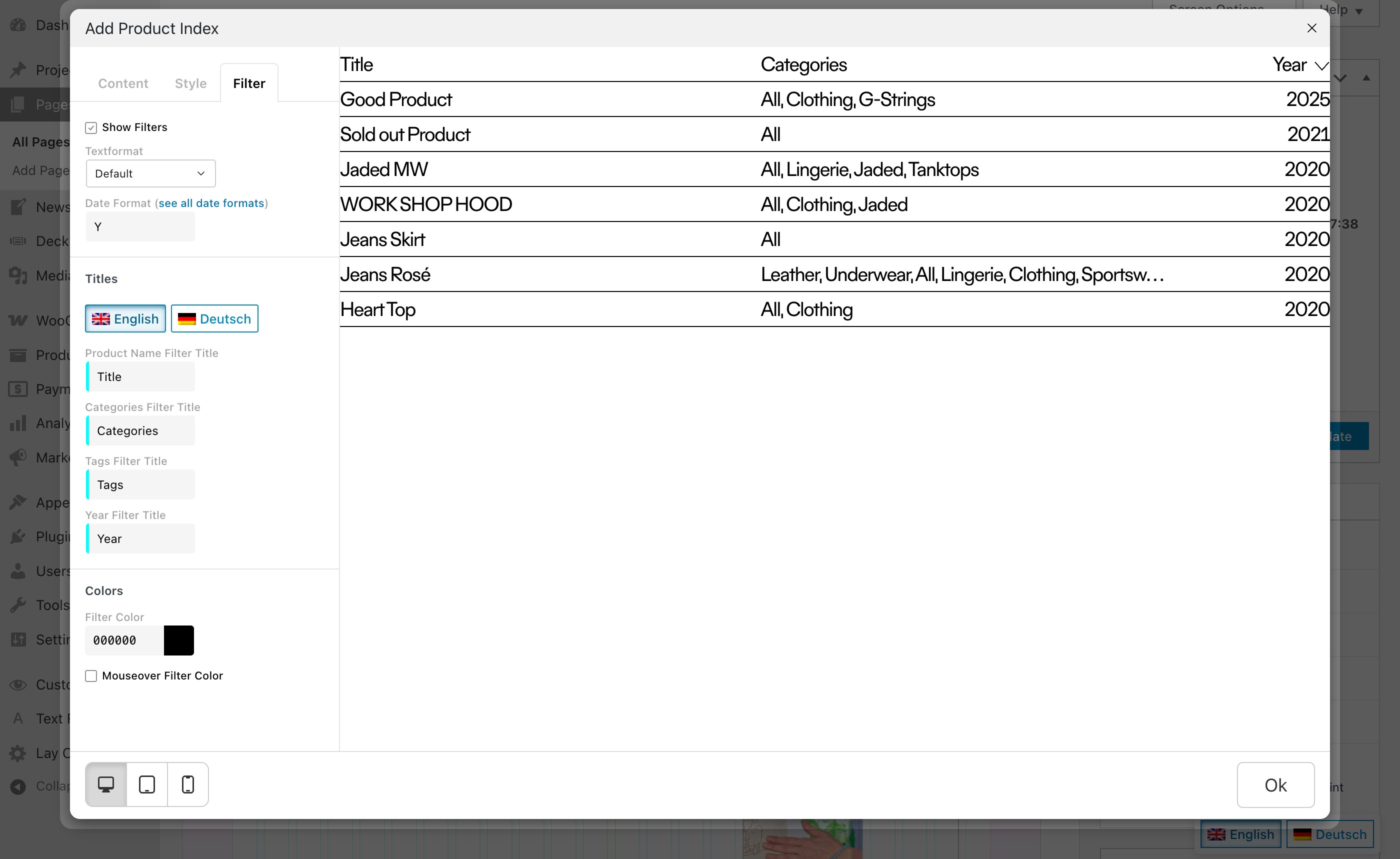 The Filter tab in the Product Index modal