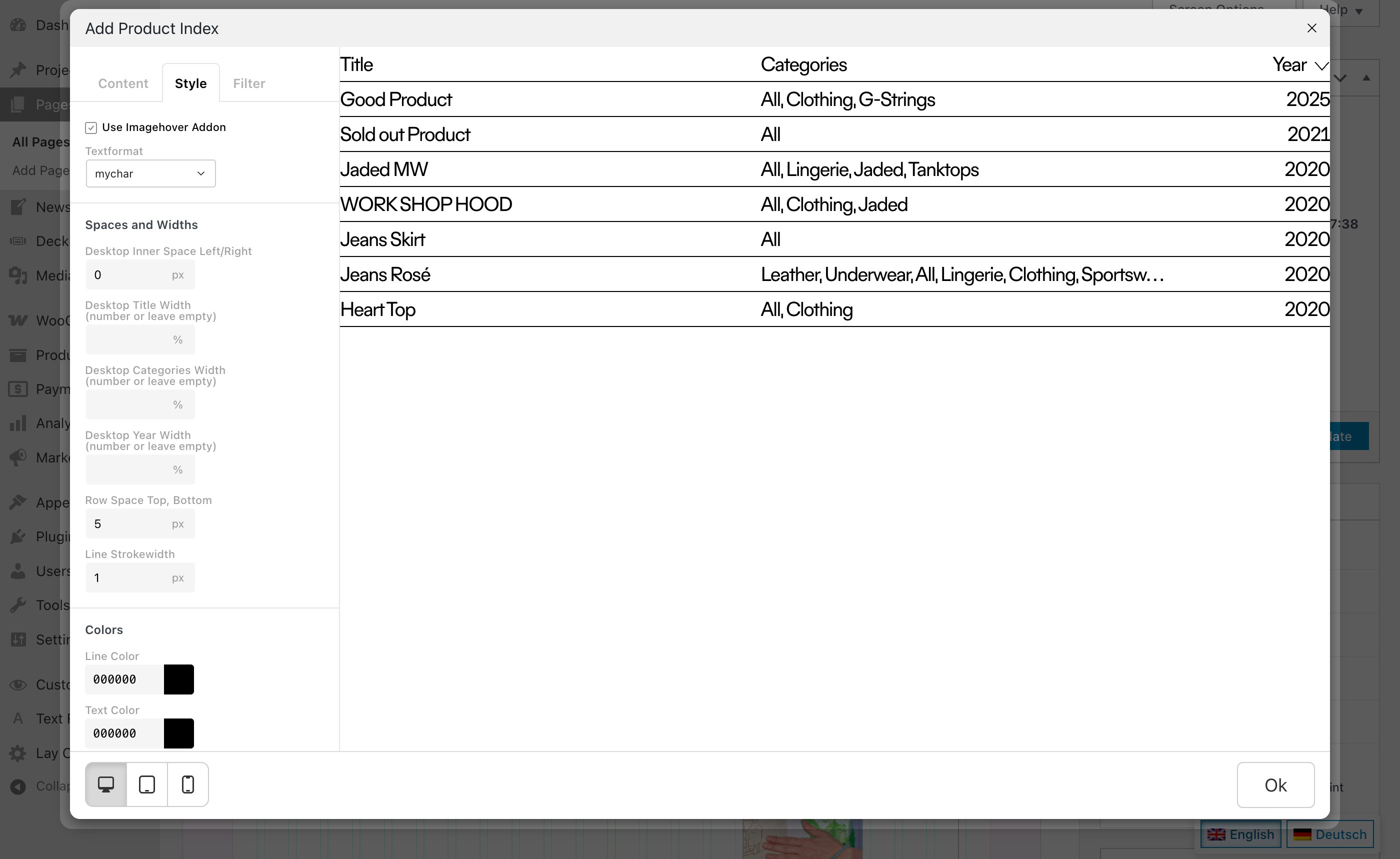 The Style tab in the Product Index modal