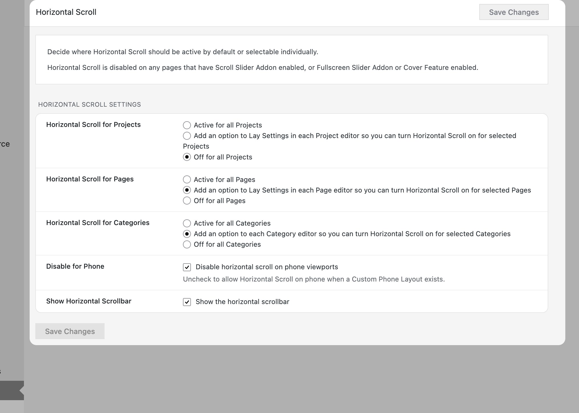 Horizontal Scroll settings in Lay Options
