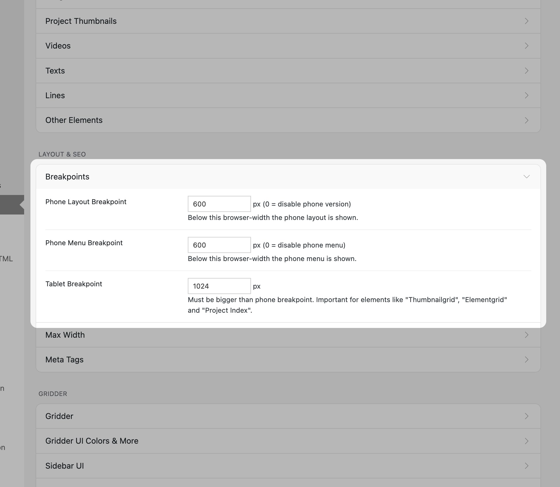 Lay Options Breakpoints section