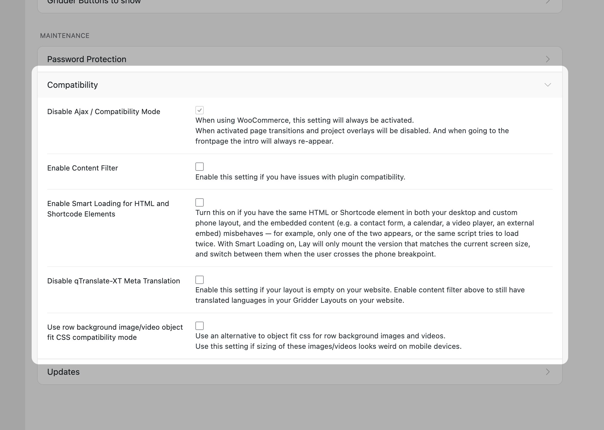 Lay Options Compatibility section