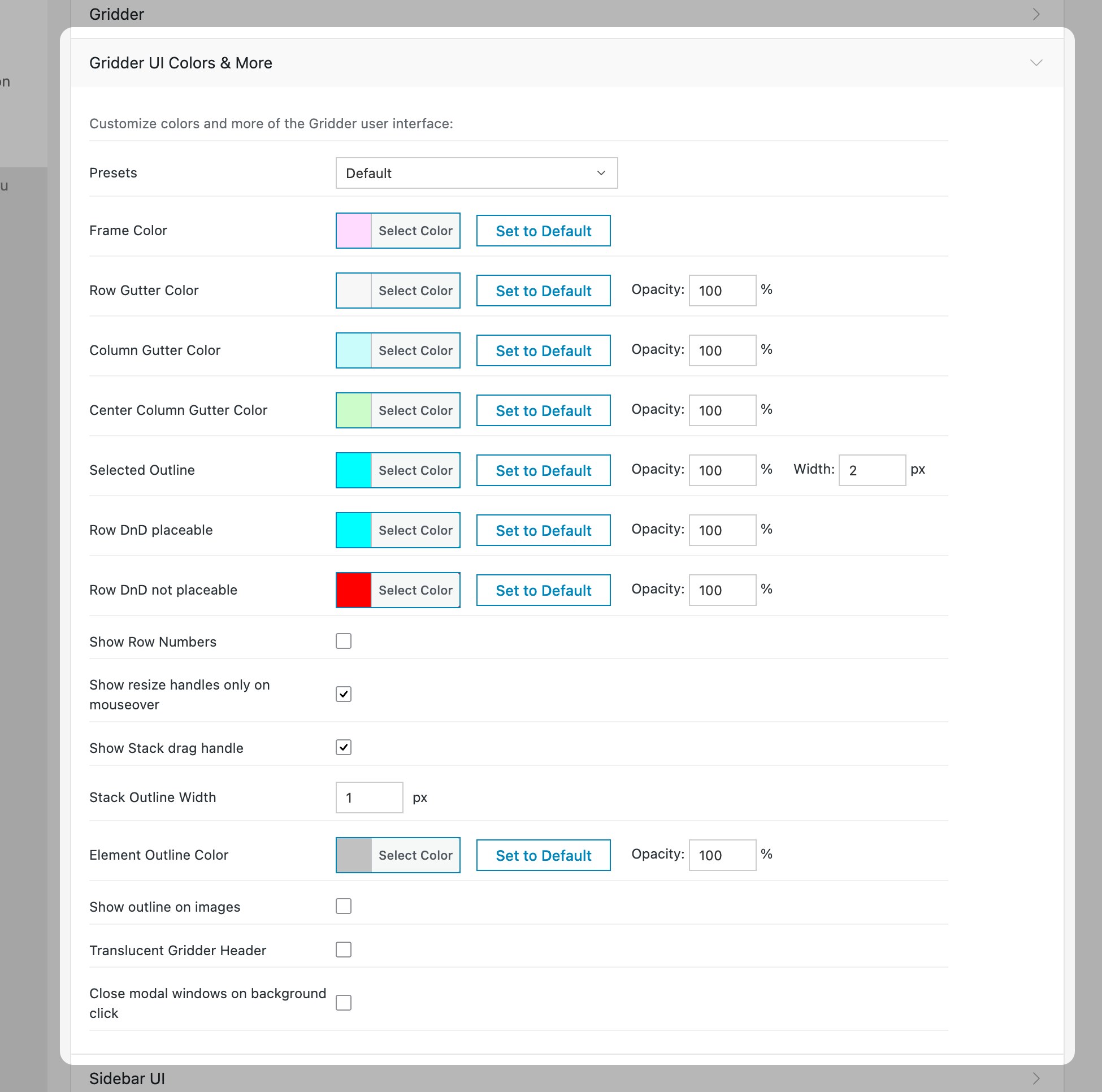 Lay Options Gridder UI Colors and More section