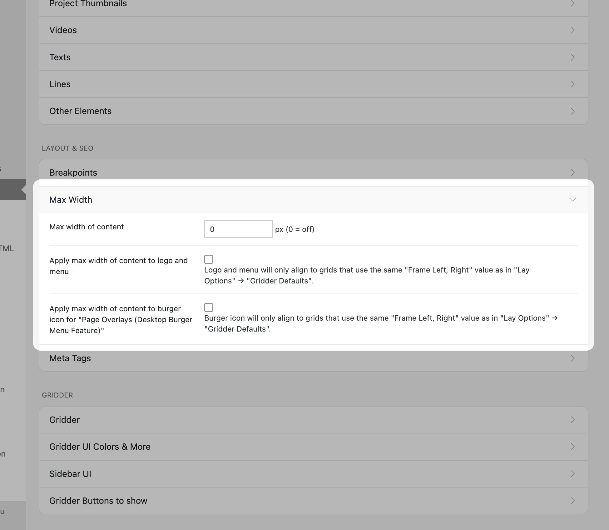 Lay Options Max Width section
