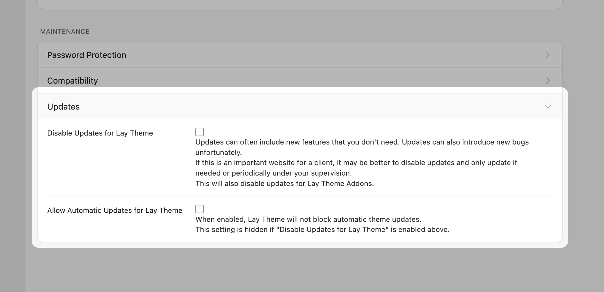 Lay Options Updates section