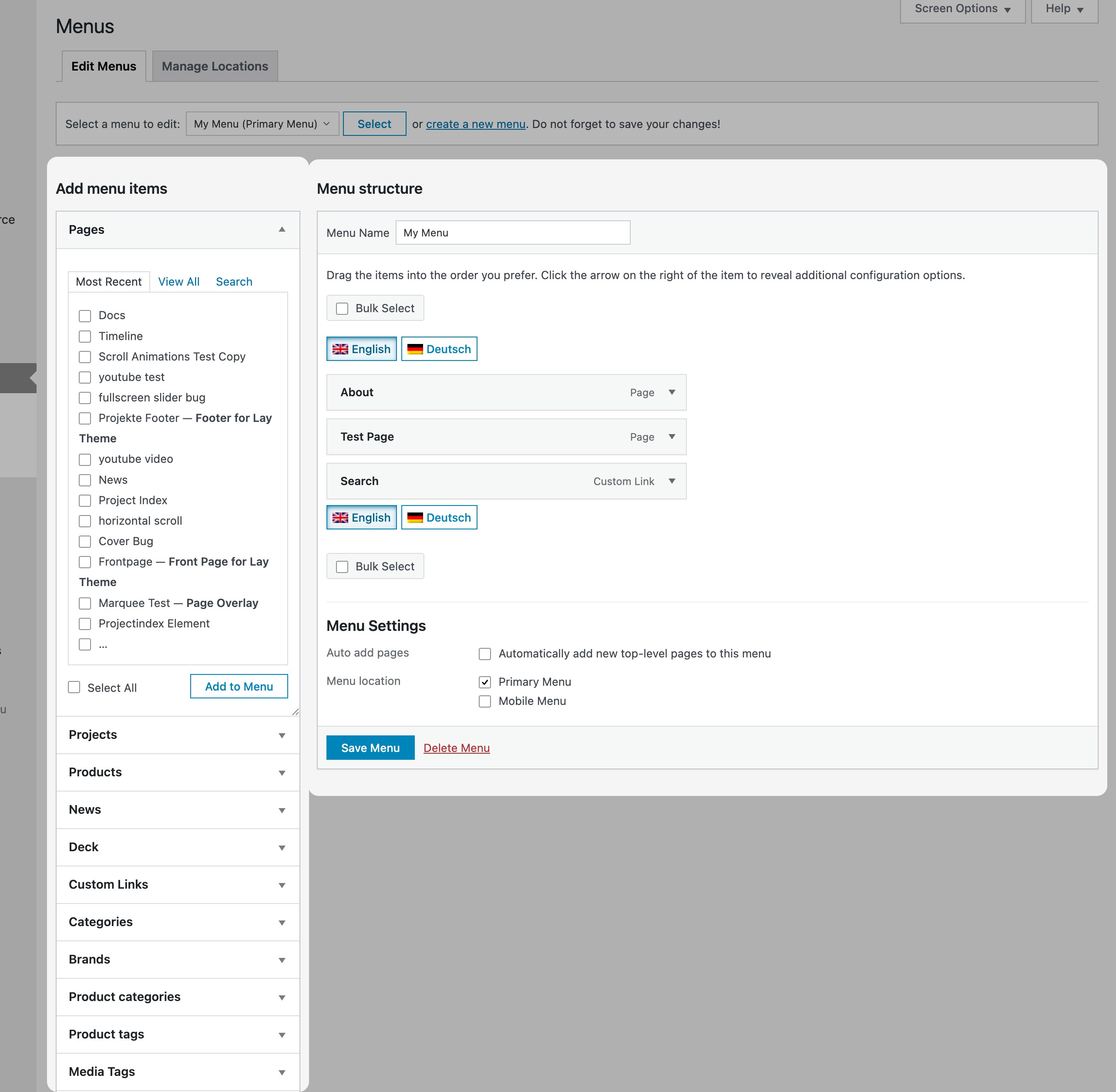 Adding menu items — Add menu items panel and Menu structure panel