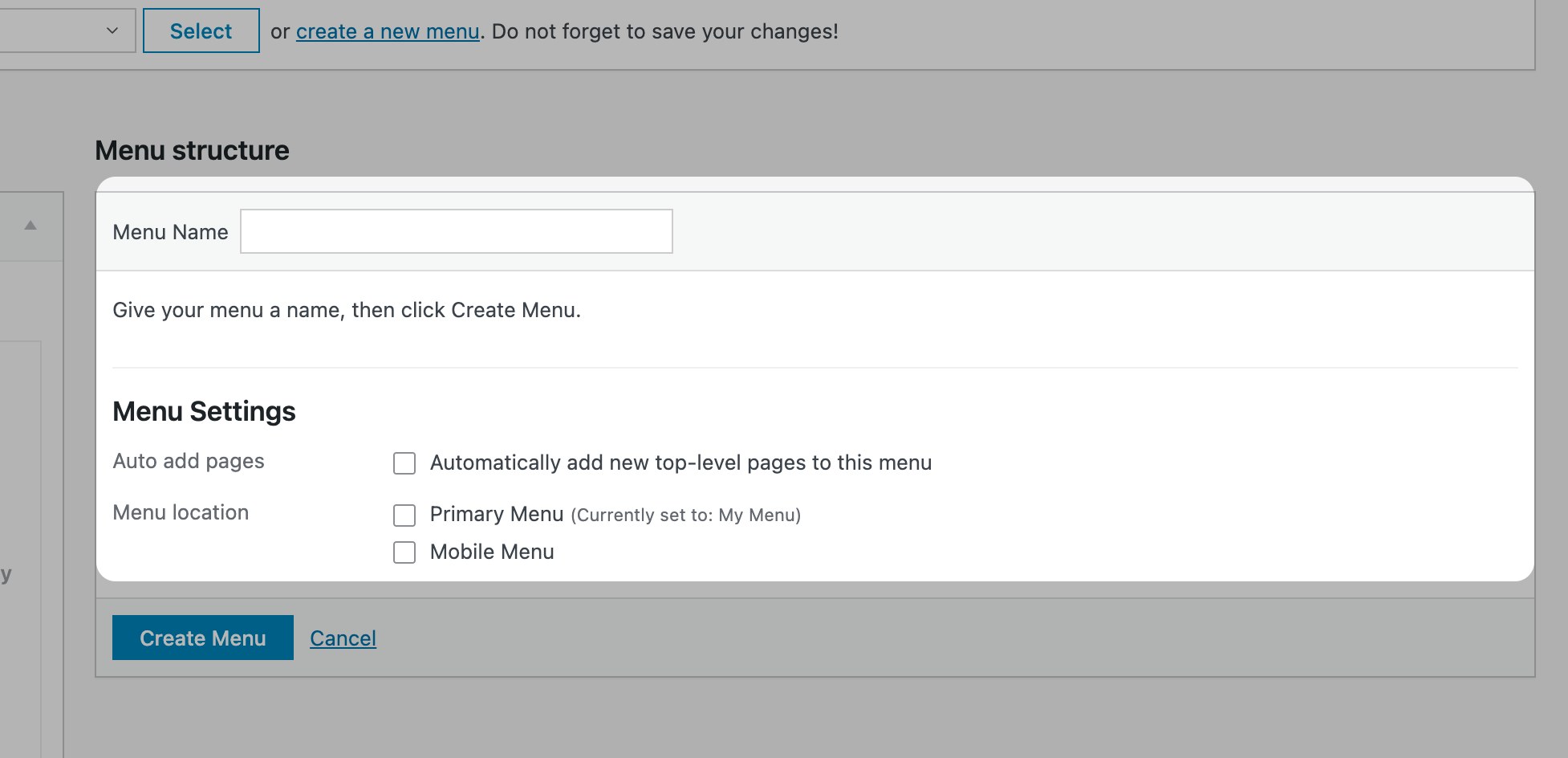 Create Menu form — name + display location + Create Menu button