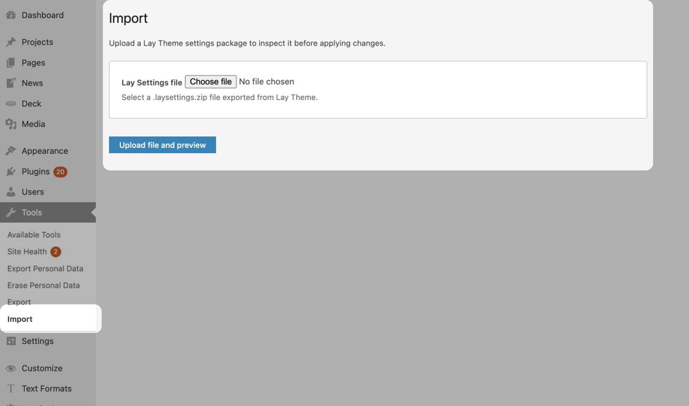 Lay Theme settings package under Tools Import