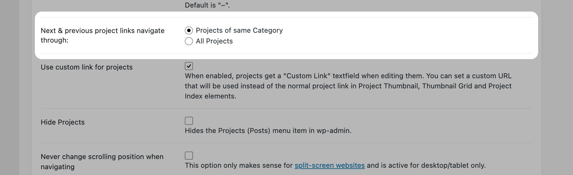 Next and previous project link order setting