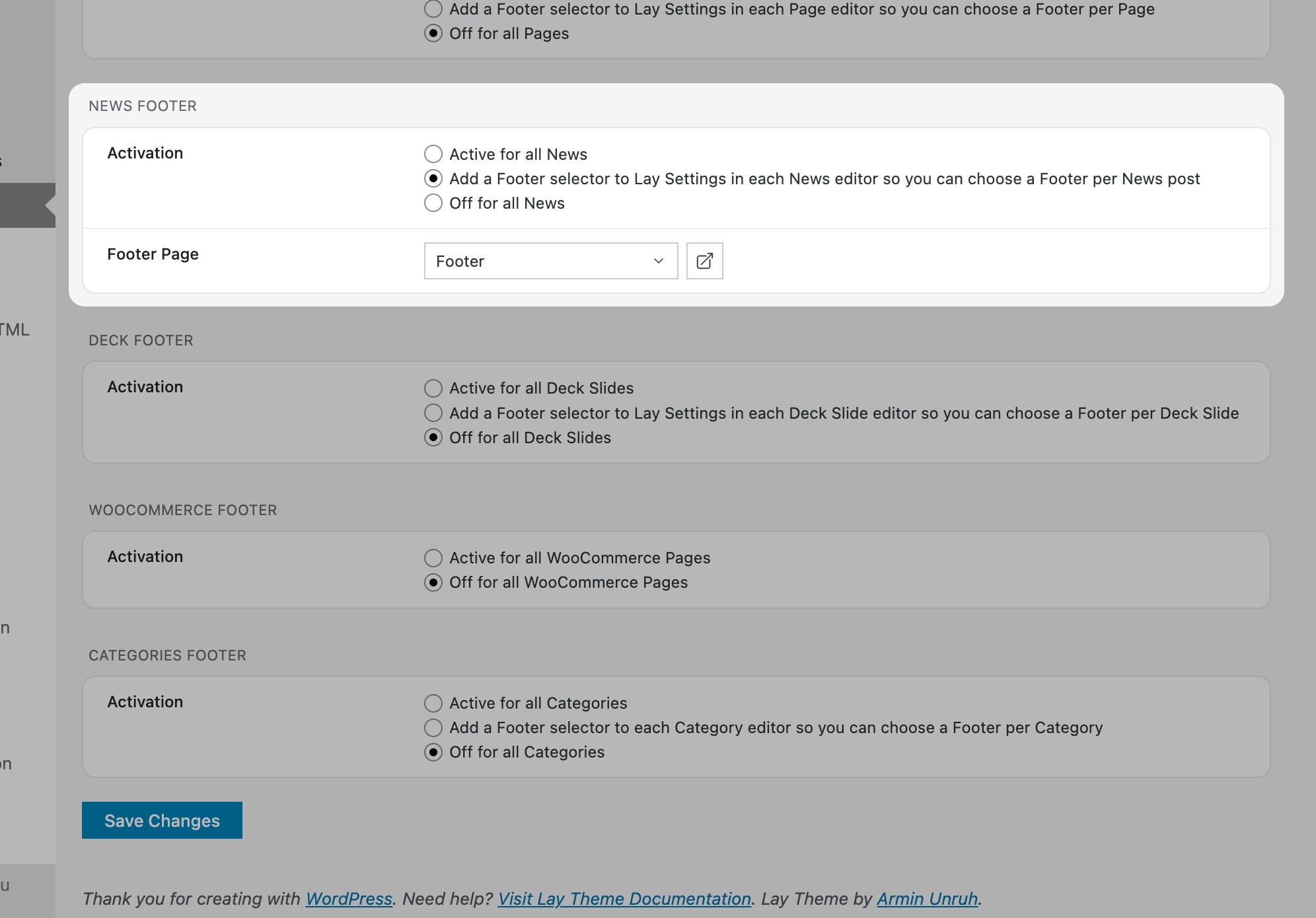 News Footer settings in Lay Options
