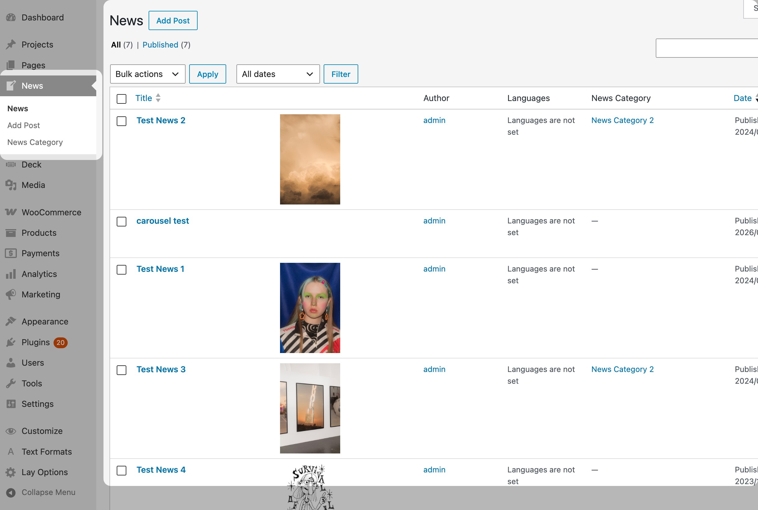 The News post list in the WordPress admin