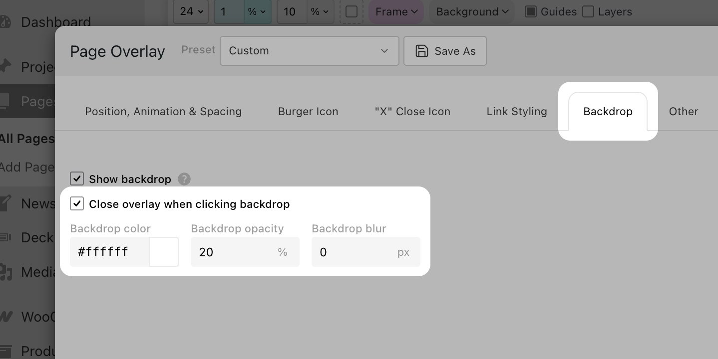 Backdrop click-to-close, color, opacity and blur controls