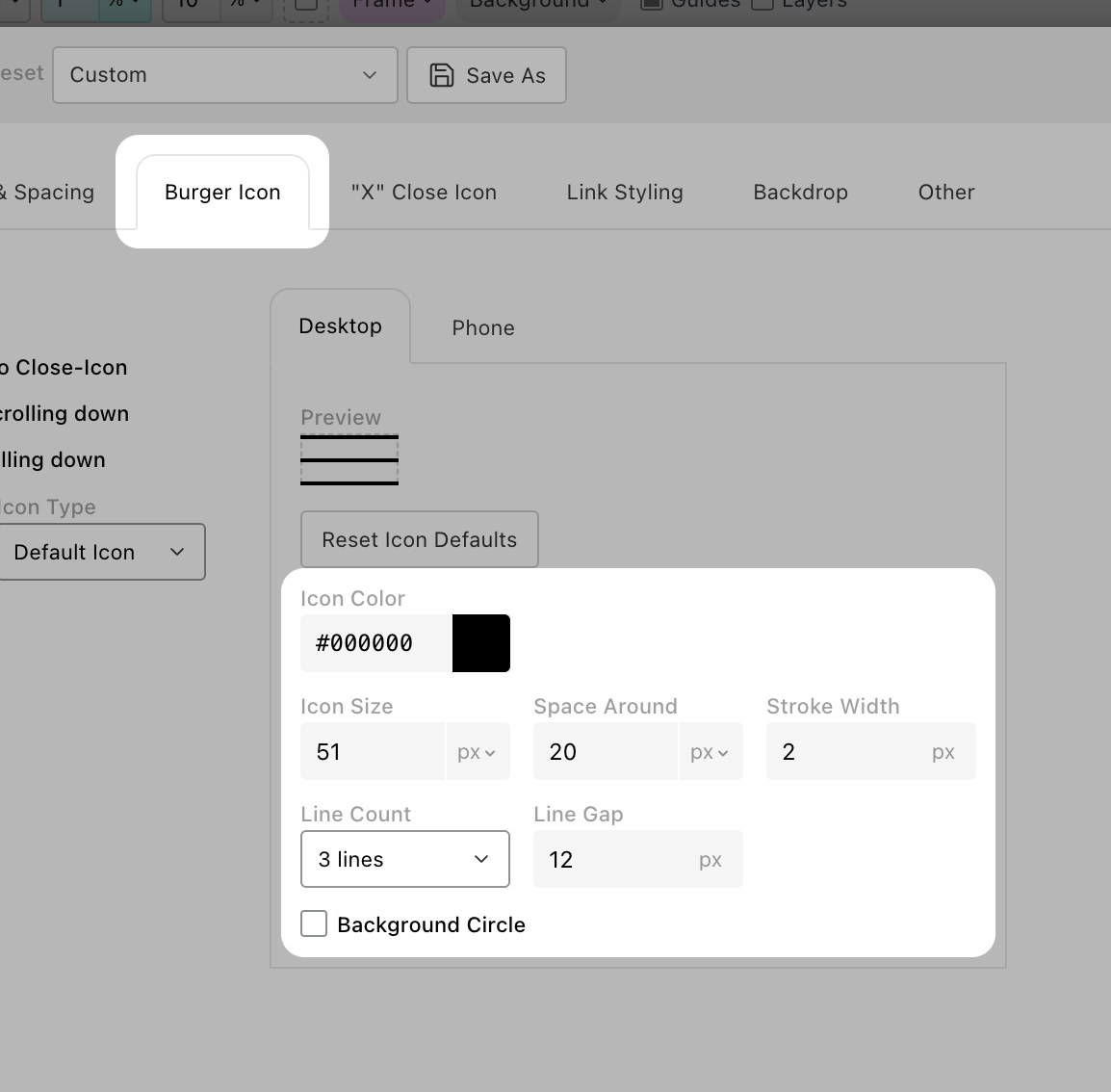 Burger Icon color, size, stroke width and line count controls
